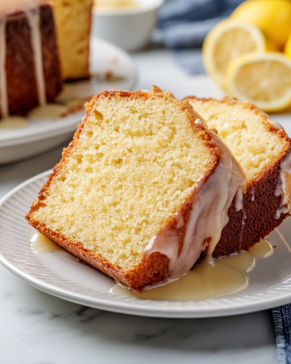A whole moist lemon drizzle loaf cake, perfectly baked with a golden-brown crust and glistening with a smooth, glossy white icing glaze dripping elegantly down the sides, presented intact on a large white ceramic plate, photographed from a 3/4 angle atop a pristine white marble countertop with natural daylight streaming in, styled to highlight its fluffy crumb and inviting texture, evoking a feeling of homemade warmth and indulgence. REALISTIC STYLE IMAGE| TAGS: High-end food photography, clean composition, dramatic lighting, luxurious, elegant, mouth-watering, indulgent, gourmet | CAMERA: Nikon Z7 | FOCAL LENGTH: 50mm | SHOT TYPE: Close-up | COMPOSITION: 3/4 angle | LIGHTING: Soft directional light | PRODUCTION: Food Stylist | TIME: Daytime I LOCATION TYPE: Kitchen near windows --stylize 150 --ar 4:5