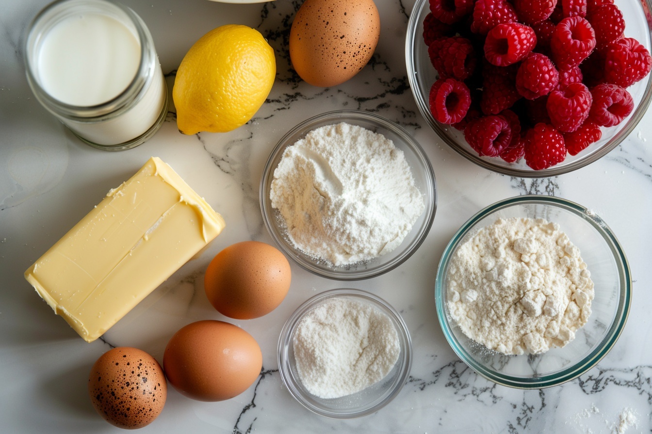 A single slice of moist bundt cake presented on a pristine white plate, showcasing soft golden-yellow crumb contrasted with vibrant, juicy raspberry pockets inside, topped with a smooth, glossy white glaze gently dripping down its sides, and crowned with fresh raspberries delicately dusted with powdered sugar. The slice is angled to reveal the rich interior texture and the bursting fruit layers, placed on a white marble surface with natural soft directional daylight coming from a nearby window, styled elegantly for a food blog close-up. REALISTIC STYLE IMAGE| TAGS: High-end food photography, clean composition, dramatic lighting, luxurious, elegant, mouth-watering, indulgent, gourmet | CAMERA: Nikon Z7 | FOCAL LENGTH: 50mm | SHOT TYPE: Close-up | COMPOSITION: 3/4 angle | LIGHTING: Soft directional light | PRODUCTION: Food Stylist | TIME: Daytime I LOCATION TYPE: Kitchen near windows --stylize 150  --ar 4:5