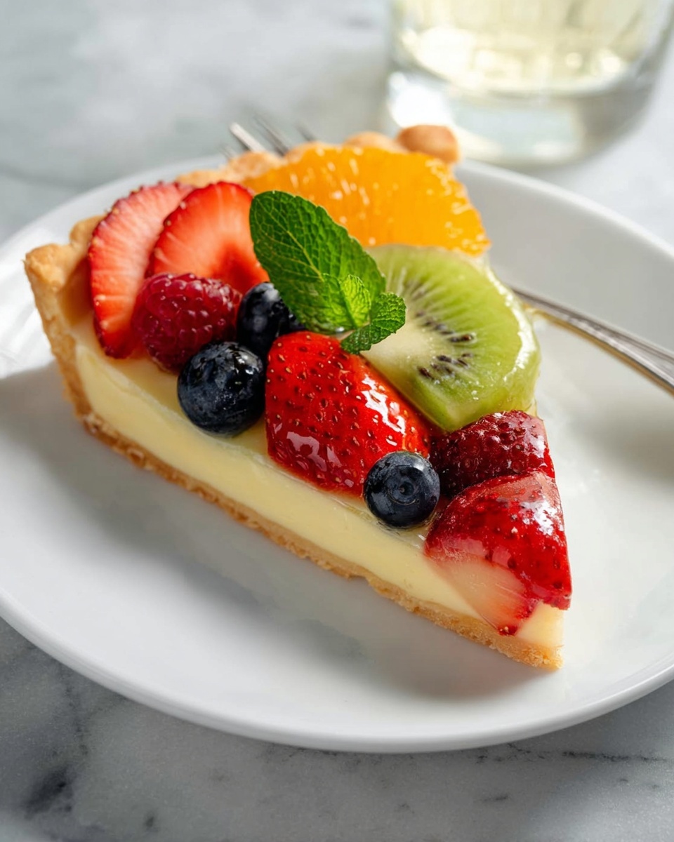 Whole, uncut fresh fruit tart presented on a pristine white plate, featuring a perfectly baked golden crust filled with silky custard cream and adorned with an array of vibrant, glistening fruits including whole blueberries, sliced strawberries, kiwi slices, mandarin orange segments, and plump raspberries, garnished delicately with fresh mint leaves. The entire tart is showcased in a professional food magazine style, captured at a 3/4 angle on a white marble countertop with soft, natural daylight highlighting the fresh, colorful ingredients for an indulgent, elegant, and mouth-watering presentation. REALISTIC STYLE IMAGE| TAGS: High-end food photography, clean composition, dramatic lighting, luxurious, elegant, mouth-watering, indulgent, gourmet | CAMERA: Nikon Z7 | FOCAL LENGTH: 50mm | SHOT TYPE: Close-up | COMPOSITION: 3/4 angle | LIGHTING: Soft directional light | PRODUCTION: Food Stylist | TIME: Daytime I LOCATION TYPE: Kitchen near windows --stylize 150 --ar 4:5