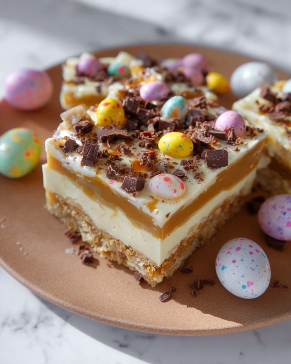 A large wooden serving board topped with a complete rectangular tray of homemade layered Easter fudge bars, showcasing a thick, smooth caramel layer beneath a pristine white chocolate top sprinkled generously with colorful speckled candy-coated mini eggs and crushed chocolate pieces, all arranged in perfect square portions but presented whole and unsliced on parchment paper, placed on a white marble kitchen counter with natural daylight streaming in, surrounded by a clear glass bowl of matching mini eggs and bright yellow daisies creating a festive and inviting atmosphere. REALISTIC STYLE IMAGE| TAGS: High-end food photography, clean composition, dramatic lighting, luxurious, elegant, mouth-watering, indulgent, gourmet | CAMERA: Nikon Z7 | FOCAL LENGTH: 50mm | SHOT TYPE: Close-up | COMPOSITION: 3/4 angle | LIGHTING: Soft directional light | PRODUCTION: Food Stylist | TIME: Daytime I LOCATION TYPE: Kitchen near windows --stylize 150 --ar 4:5