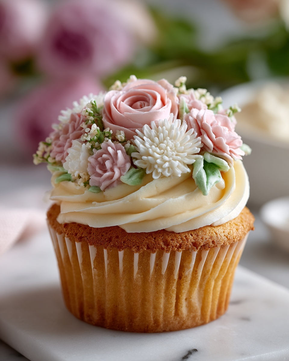 A large white oval ceramic serving tray elegantly arranged with a full batch of delicate cupcakes, each topped with meticulously piped buttercream flowers in soft pastel shades of pink, white, and green. The cupcakes are uniformly decorated, showcasing a variety of rose, chrysanthemum, and small clustered floral designs that create a harmonious and luxurious presentation. The tray is set on a white marble kitchen counter, photographed from a 3/4 angle with soft natural daylight emphasizing the intricate textures and colors. The composition highlights the complete and abundant arrangement, styled to resemble a high-end gourmet bakery display. REALISTIC STYLE IMAGE| TAGS: High-end food photography, clean composition, dramatic lighting, luxurious, elegant, mouth-watering, indulgent, gourmet | CAMERA: Nikon Z7 | FOCAL LENGTH: 50mm | SHOT TYPE: Close-up | COMPOSITION: 3/4 angle | LIGHTING: Soft directional light | PRODUCTION: Food Stylist | TIME: Daytime I LOCATION TYPE: Kitchen near windows --stylize 150 --ar 4:5