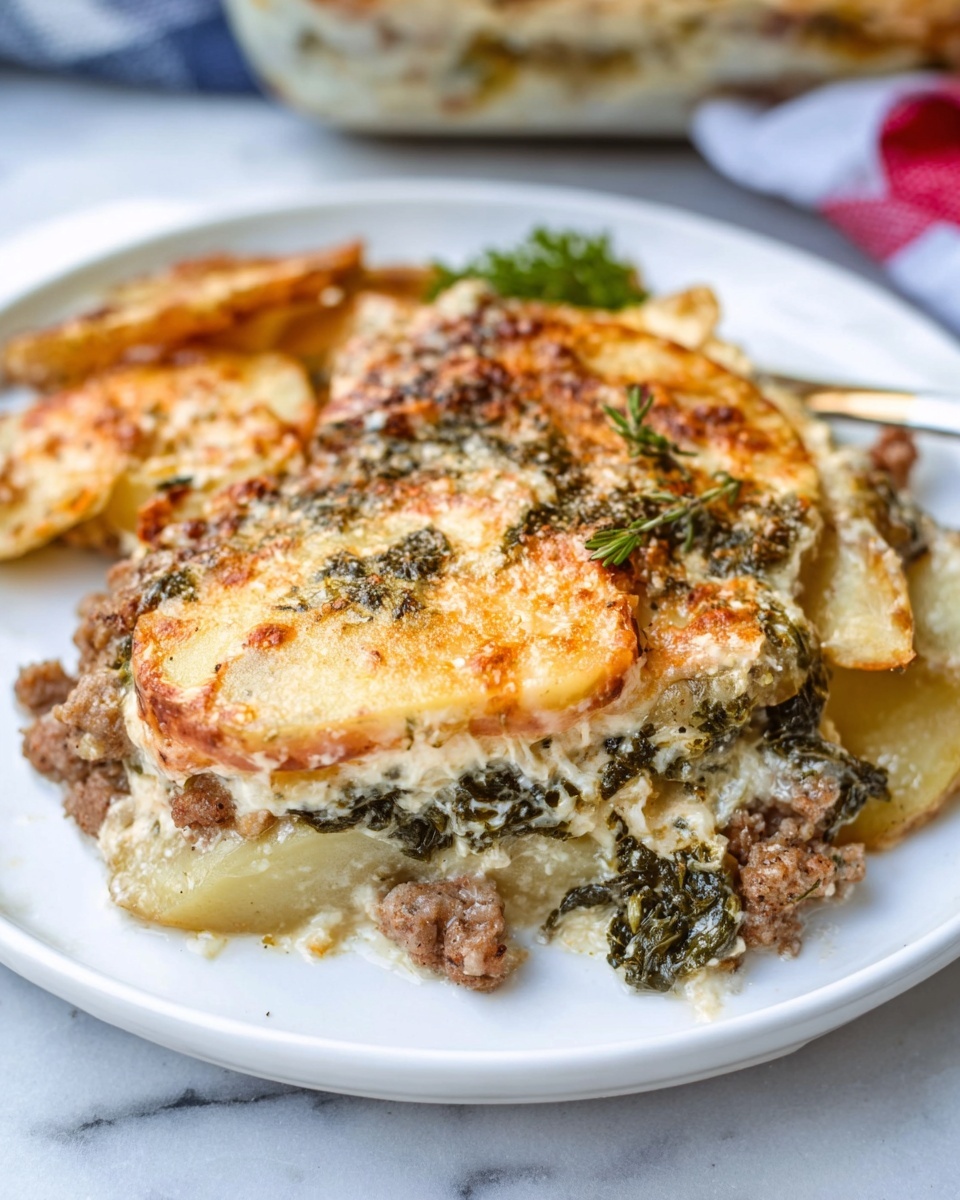 A large white rectangular ceramic baking dish filled with a spinach and cheese casserole, fully baked with a golden, bubbly melted cheese crust on top, showing the whole dish without any portions removed, set on a white marble countertop with natural light highlighting the textures and creamy richness of the casserole, garnished subtly with fresh parsley sprigs nearby, styled professionally to evoke a cozy, gourmet kitchen atmosphere. REALISTIC STYLE IMAGE | TAGS: High-end food photography, clean composition, dramatic lighting, luxurious, elegant, mouth-watering, indulgent, gourmet | CAMERA: Nikon Z7 | FOCAL LENGTH: 50mm | SHOT TYPE: Close-up | COMPOSITION: 3/4 angle | LIGHTING: Soft directional light | PRODUCTION: Food Stylist | TIME: Daytime I LOCATION TYPE: Kitchen near windows --stylize 150 --ar 4:5