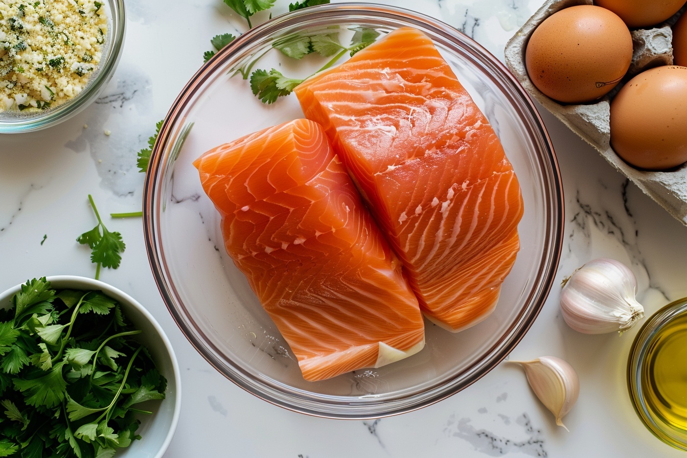 Single white plate showcasing a perfectly seared salmon meatball drizzled with vibrant green herb sauce, the close-up angle revealing the tender, flaky interior and subtle charred edges, garnished with freshly chopped cilantro, resting on a pool of creamy, herb-infused sauce on a white marble surface, intimate plated serving photo with natural soft directional light highlighting the moist texture and rich colors, styled elegantly for a gourmet food blog. REALISTIC STYLE IMAGE| TAGS: High-end food photography, clean composition, dramatic lighting, luxurious, elegant, mouth-watering, indulgent, gourmet | CAMERA: Nikon Z7 | FOCAL LENGTH: 50mm | SHOT TYPE: Close-up | COMPOSITION: 3/4 angle | LIGHTING: Soft directional light | PRODUCTION: Food Stylist | TIME: Daytime I LOCATION TYPE: Kitchen near windows --stylize 150  --ar 4:5
