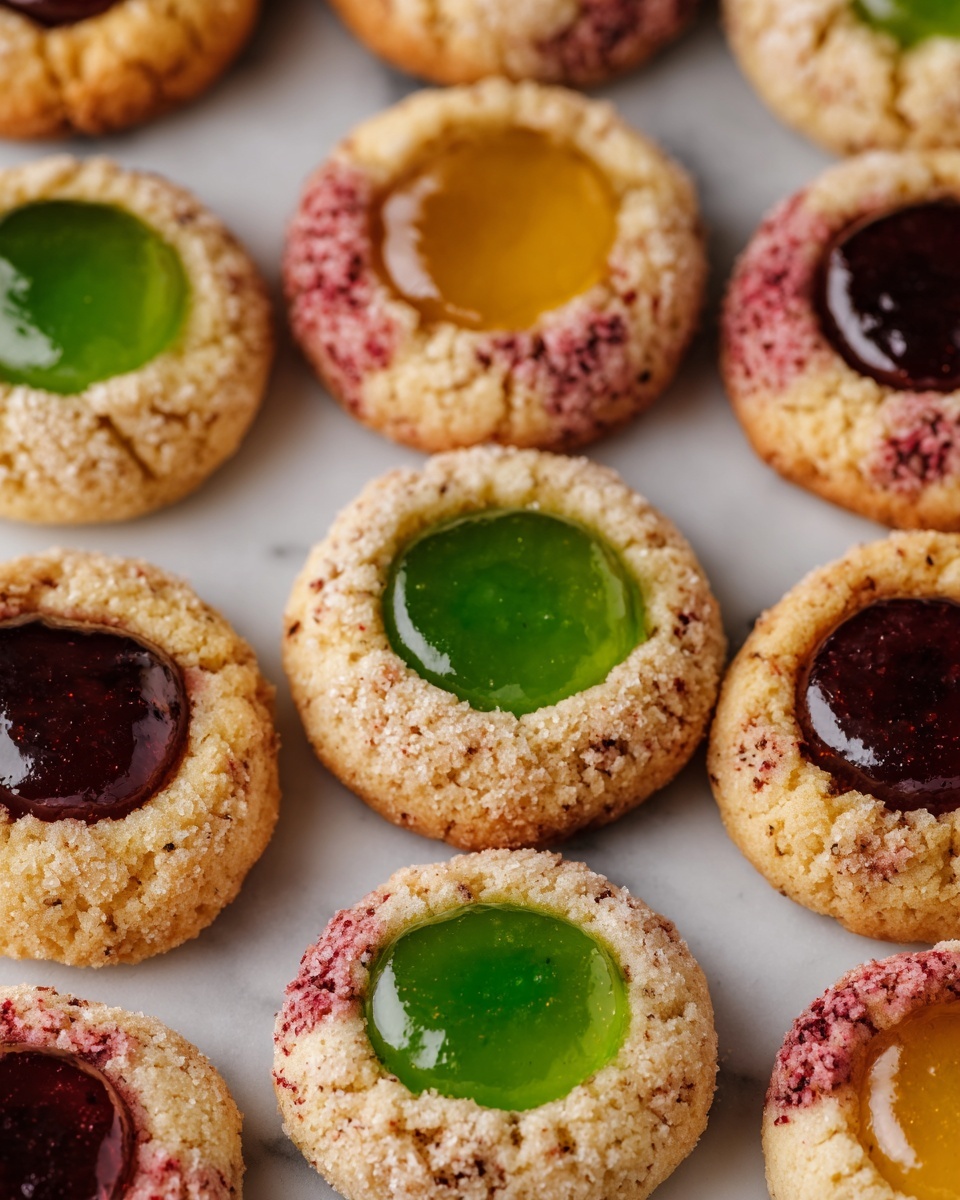 A large white oval ceramic serving tray elegantly arranged with a variety of colorful thumbprint cookies, each with a smooth, glossy dollop of vibrant fruit jelly or creamy filling in shades of green, yellow, amber, dark red, and purple, showcasing the rich textures and vibrant colors. The tray is set on a pristine white marble countertop, with soft natural light casting delicate shadows, highlighting the cookies' tender crumb and shiny centers in a clean and luxurious presentation, styled as a mouth-watering hero shot from a premium food magazine. REALISTIC STYLE IMAGE| TAGS: High-end food photography, clean composition, dramatic lighting, luxurious, elegant, mouth-watering, indulgent, gourmet | CAMERA: Nikon Z7 | FOCAL LENGTH: 50mm | SHOT TYPE: Close-up | COMPOSITION: 3/4 angle | LIGHTING: Soft directional light | PRODUCTION: Food Stylist | TIME: Daytime I LOCATION TYPE: Kitchen near windows --stylize 150 --ar 4:5
