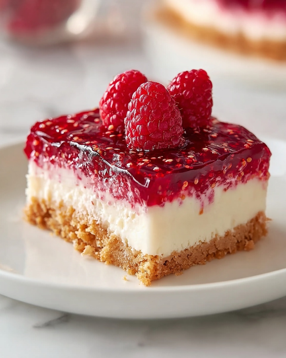 A rectangular clear glass baking dish filled entirely with a layered raspberry dessert, featuring a crumbly golden graham cracker crust topped with a thick, smooth cream cheese filling and a glossy, vibrant red raspberry topping spread evenly across the entire pan, photographed from a 3/4 angle that captures the full uncut dessert on a pristine white marble kitchen countertop, bathed in soft natural daylight, styled with scattered fresh raspberries around the dish to enhance the rich color contrast, evoking a gourmet and indulgent appeal. REALISTIC STYLE IMAGE| TAGS: High-end food photography, clean composition, dramatic lighting, luxurious, elegant, mouth-watering, indulgent, gourmet | CAMERA: Nikon Z7 | FOCAL LENGTH: 50mm | SHOT TYPE: Close-up | COMPOSITION: 3/4 angle | LIGHTING: Soft directional light | PRODUCTION: Food Stylist | TIME: Daytime I LOCATION TYPE: Kitchen near windows --stylize 150 --ar 4:5