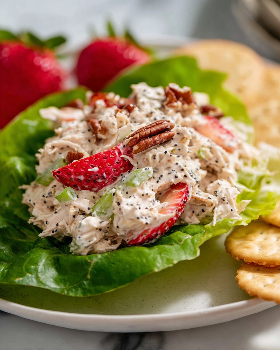 Large white serving bowl filled with the complete chicken salad, showcasing tender shredded chicken mixed with vibrant diced celery and whole pecans, fresh quartered strawberries scattered throughout, sprinkled generously with poppy seeds and garnished with bright green chopped scallions, the whole dish presented on a pristine white marble kitchen countertop, captured from a 3/4 angle with natural soft directional light highlighting the textures and colors, styled professionally to emphasize freshness and gourmet appeal, evoking a mouth-watering and indulgent feeling. REALISTIC STYLE IMAGE| TAGS: High-end food photography, clean composition, dramatic lighting, luxurious, elegant, mouth-watering, indulgent, gourmet | CAMERA: Nikon Z7 | FOCAL LENGTH: 50mm | SHOT TYPE: Close-up | COMPOSITION: 3/4 angle | LIGHTING: Soft directional light | PRODUCTION: Food Stylist | TIME: Daytime I LOCATION TYPE: Kitchen near windows --stylize 150 --ar 4:5