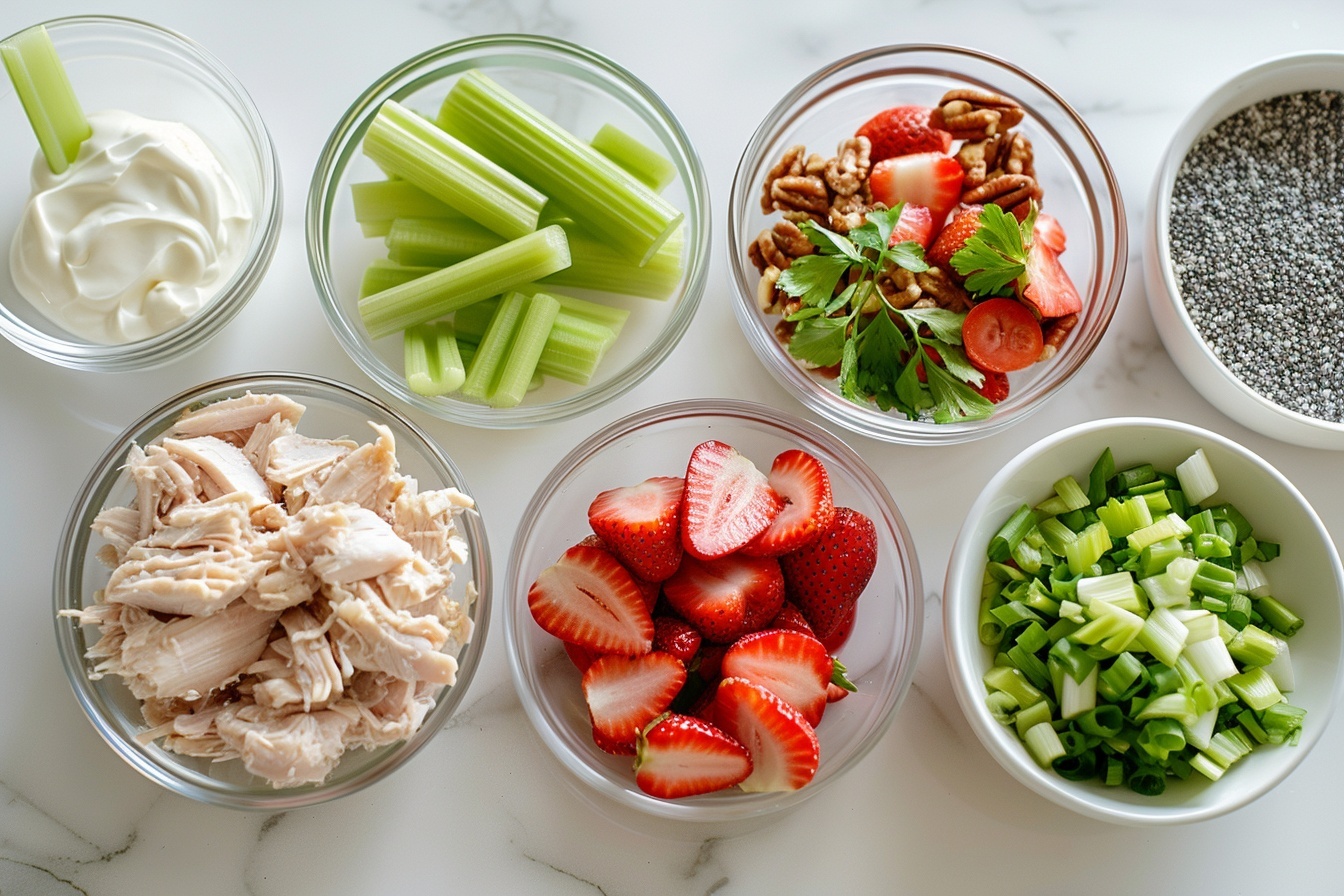 A single white plate with a close-up of one generous portion of creamy chicken salad mixed with poppy seeds, chopped celery, crunchy pecans, and fresh strawberry slices, all layered on a crisp green lettuce leaf, accompanied by a few round crackers on the side. The shot is angled to emphasize the texture and vibrant colors of the salad ingredients, with natural soft directional light illuminating the fresh and indulgent details. The plate rests on a white marble surface, styled elegantly like a gourmet food blog serving, inviting and ready to eat. REALISTIC STYLE IMAGE| TAGS: High-end food photography, clean composition, dramatic lighting, luxurious, elegant, mouth-watering, indulgent, gourmet | CAMERA: Nikon Z7 | FOCAL LENGTH: 50mm | SHOT TYPE: Close-up | COMPOSITION: 3/4 angle | LIGHTING: Soft directional light | PRODUCTION: Food Stylist | TIME: Daytime I LOCATION TYPE: Kitchen near windows --stylize 150  --ar 4:5