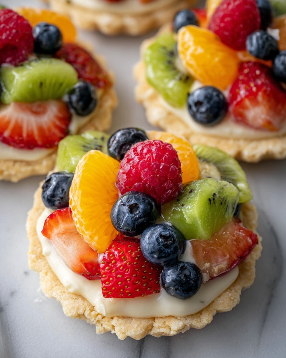 Fruit Pizza Cookies Recipe 6 A large white ceramic platter filled with a neatly arranged assortment of mini fruit tarts, each featuring a thick, flaky pastry base topped with a smooth layer of vanilla cream and adorned with vibrant fresh fruit pieces including whole blueberries, raspberries, sliced strawberries, diced kiwi, and mandarin orange segments, the whole collection captured from a 3/4 angle with soft directional natural light highlighting the colorful, fresh textures, set against a white marble kitchen countertop creating a clean, luxurious, and elegant food magazine hero shot. REALISTIC STYLE IMAGE| TAGS: High-end food photography, clean composition, dramatic lighting, luxurious, elegant, mouth-watering, indulgent, gourmet | CAMERA: Nikon Z7 | FOCAL LENGTH: 50mm | SHOT TYPE: Close-up | COMPOSITION: 3/4 angle | LIGHTING: Soft directional light | PRODUCTION: Food Stylist | TIME: Daytime I LOCATION TYPE: Kitchen near windows --stylize 150 --ar 4:5