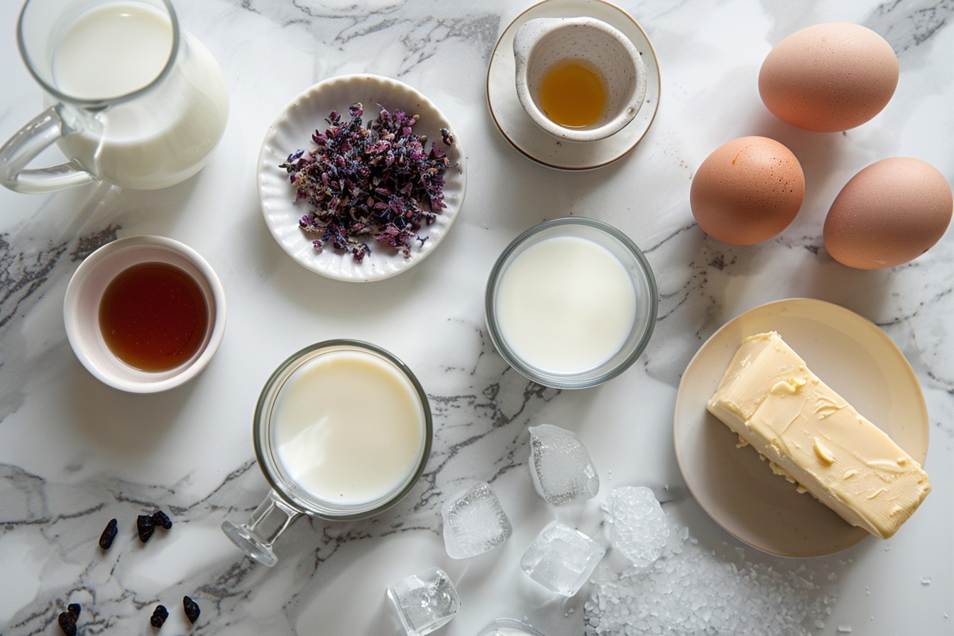 Single clear glass tumbler on a white plate, filled with vibrant deep purple butterfly pea flower tea with large ice cubes, fresh creamy milk being poured in a smooth stream creating swirling clouds and mesmerizing marbling effect in the close-up view, highlighting the color contrast and texture of the liquid layers, elegant and refreshing presentation on a white marble surface, natural soft directional light emphasizing the liquid’s depth and clarity, styled for a luxurious and inviting feel, perfect for a gourmet food blog shot. REALISTIC STYLE IMAGE| TAGS: High-end food photography, clean composition, dramatic lighting, luxurious, elegant, mouth-watering, indulgent, gourmet | CAMERA: Nikon Z7 | FOCAL LENGTH: 50mm | SHOT TYPE: Close-up | COMPOSITION: 3/4 angle | LIGHTING: Soft directional light | PRODUCTION: Food Stylist | TIME: Daytime I LOCATION TYPE: Kitchen near windows --stylize 150  --ar 4:5