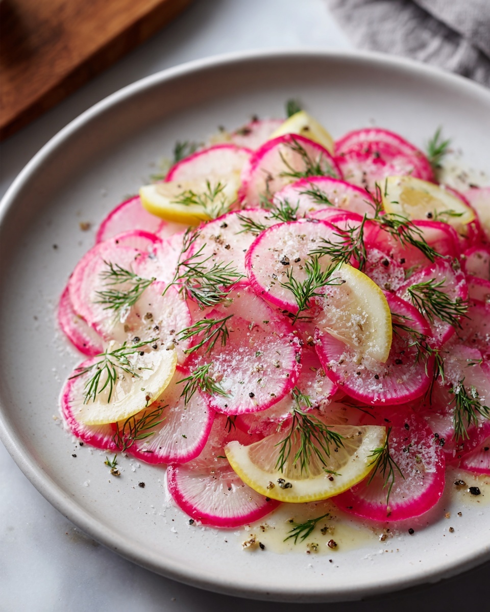 Large white ceramic serving bowl filled with a vibrant radish salad, showcasing thinly sliced radishes with bright pink edges layered evenly throughout. The salad is garnished generously with fresh dill sprigs, delicate lemon wedges, and a light dusting of cracked black pepper and coarse salt crystals, which add texture and visual contrast. The dish is presented in a professional food styling manner on a pristine white marble kitchen countertop, bathed in natural daylight that accentuates the freshness and vibrant colors. The overall arrangement captures the entire contents of the bowl in frame with a 3/4 angle shot, emphasizing an elegant, mouth-watering, and bright presentation. REALISTIC STYLE IMAGE| TAGS: High-end food photography, clean composition, dramatic lighting, luxurious, elegant, mouth-watering, indulgent, gourmet | CAMERA: Nikon Z7 | FOCAL LENGTH: 50mm | SHOT TYPE: Close-up | COMPOSITION: 3/4 angle | LIGHTING: Soft directional light | PRODUCTION: Food Stylist | TIME: Daytime I LOCATION TYPE: Kitchen near windows --stylize 150 --ar 4:5
