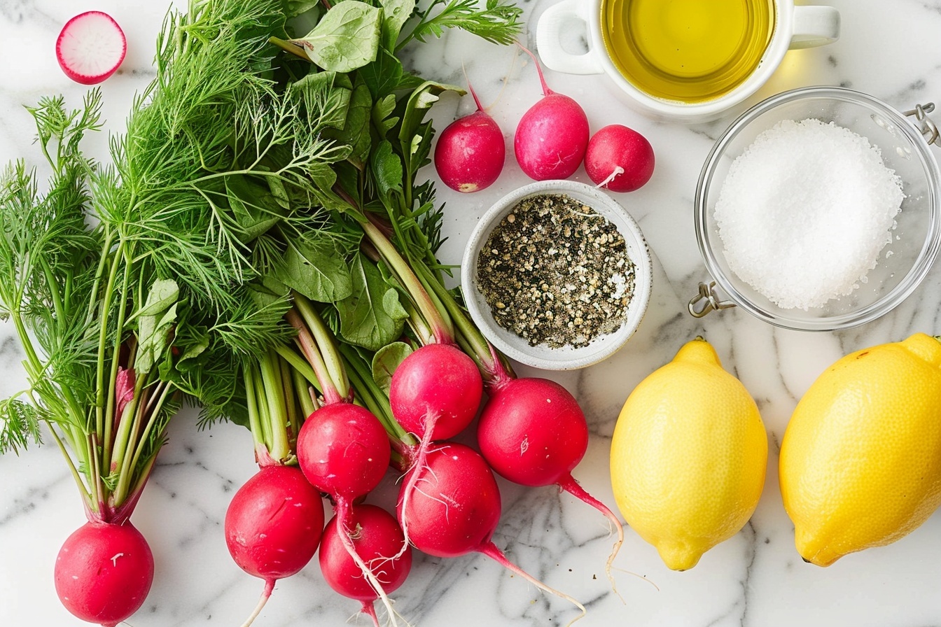 A single white plate elegantly presenting one serving of thinly sliced radish salad, arranged neatly to reveal the translucent pink edges and crisp interior texture, accented with fresh sprigs of dill, delicate lemon wedges, and a fine sprinkle of cracked black pepper and coarse sea salt crystals glistening under soft natural light. The close-up 3/4 angled shot captures subtle layers and freshness, set on a pristine white marble background that enhances the vibrant colors and textures of the salad, styled with culinary finesse for an inviting, gourmet appeal. REALISTIC STYLE IMAGE| TAGS: High-end food photography, clean composition, dramatic lighting, luxurious, elegant, mouth-watering, indulgent, gourmet | CAMERA: Nikon Z7 | FOCAL LENGTH: 50mm | SHOT TYPE: Close-up | COMPOSITION: 3/4 angle | LIGHTING: Soft directional light | PRODUCTION: Food Stylist | TIME: Daytime I LOCATION TYPE: Kitchen near windows --stylize 150 --ar 4:5