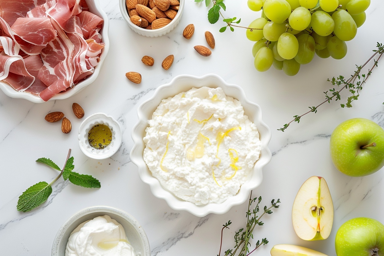 A single white plate featuring a carefully arranged portion of a charcuterie board, showcasing a neat stack of thinly sliced cured meats with marbled textures, a small cluster of fresh blackberries and figs sliced to reveal their vibrant interiors, a dollop of creamy herb-infused cheese, and bright green asparagus spears elegantly placed. The close-up shot highlights the variety of textures and colors, from the delicate folds of the meat to the lush berries and crumbly cheese, all set against a white marble background. Soft natural daylight illuminates the scene, emphasizing the freshness and indulgence of this gourmet tasting slice, styled as a sophisticated, intimate food blog serving. REALISTIC STYLE IMAGE| TAGS: High-end food photography, clean composition, dramatic lighting, luxurious, elegant, mouth-watering, indulgent, gourmet | CAMERA: Nikon Z7 | FOCAL LENGTH: 50mm | SHOT TYPE: Close-up | COMPOSITION: 3/4 angle | LIGHTING: Soft directional light | PRODUCTION: Food Stylist | TIME: Daytime I LOCATION TYPE: Kitchen near windows --stylize 150  --ar 4:5