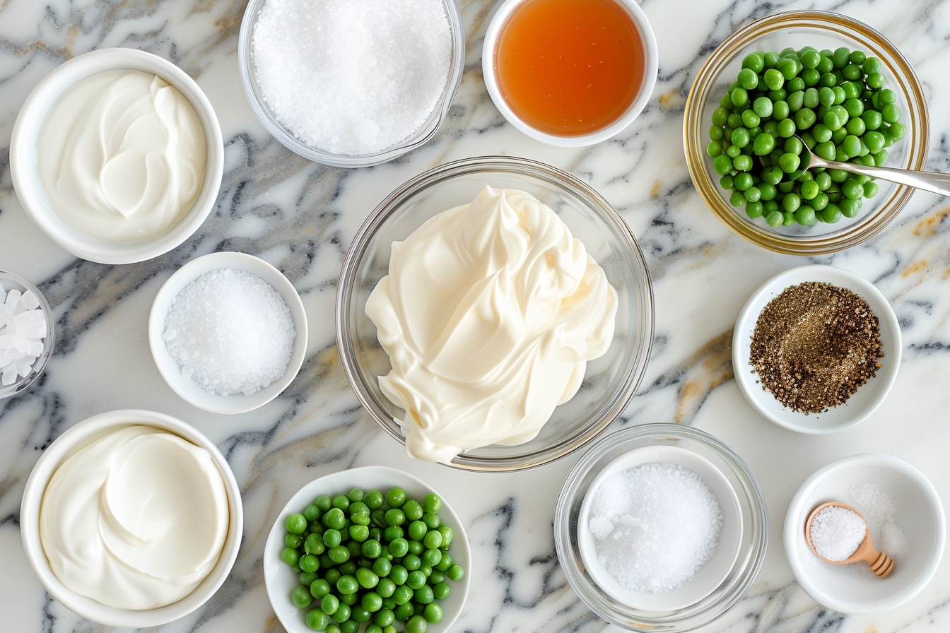 Single white bowl with a close-up view of a plated portion of creamy pea salad, showcasing bright green peas mixed with cubes of cheddar cheese, finely chopped red onions, and crispy bacon bits, all coated in a luscious dressing and garnished with fresh chopped parsley on top. The bowl rests on a white marble surface, bathed in soft natural light that highlights the contrasting textures of the creamy dressing, crunchy bacon, and tender peas, styled as a gourmet individual serving from a food blog. REALISTIC STYLE IMAGE| TAGS: High-end food photography, clean composition, dramatic lighting, luxurious, elegant, mouth-watering, indulgent, gourmet | CAMERA: Nikon Z7 | FOCAL LENGTH: 50mm | SHOT TYPE: Close-up | COMPOSITION: 3/4 angle | LIGHTING: Soft directional light | PRODUCTION: Food Stylist | TIME: Daytime I LOCATION TYPE: Kitchen near windows --stylize 150  --ar 4:5