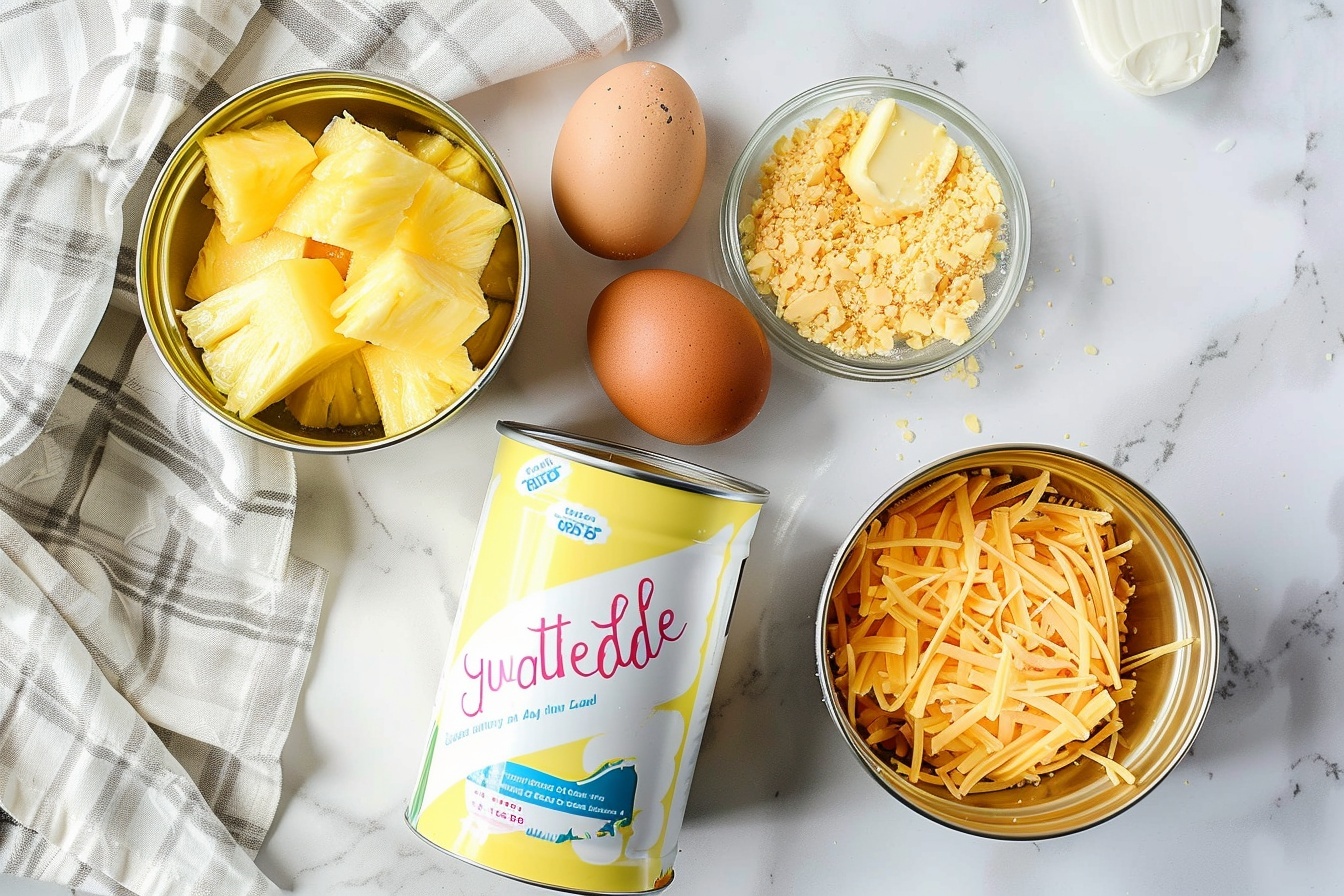 Single white plate with a generous portion of cheesy pineapple casserole featuring a golden, crunchy cracker topping, revealing tender pineapple chunks mixed with creamy melted cheddar cheese beneath, angled close-up showing layers of soft fruit and gooey cheese contrasted by the crisp topping, garnished with a sprig of fresh herb for color, all set on a white marble surface under natural daylight, styled elegantly like a gourmet food blog shot, inviting and indulgent serving presentation. REALISTIC STYLE IMAGE| TAGS: High-end food photography, clean composition, dramatic lighting, luxurious, elegant, mouth-watering, indulgent, gourmet | CAMERA: Nikon Z7 | FOCAL LENGTH: 50mm | SHOT TYPE: Close-up | COMPOSITION: 3/4 angle | LIGHTING: Soft directional light | PRODUCTION: Food Stylist | TIME: Daytime I LOCATION TYPE: Kitchen near windows --stylize 150  --ar 4:5