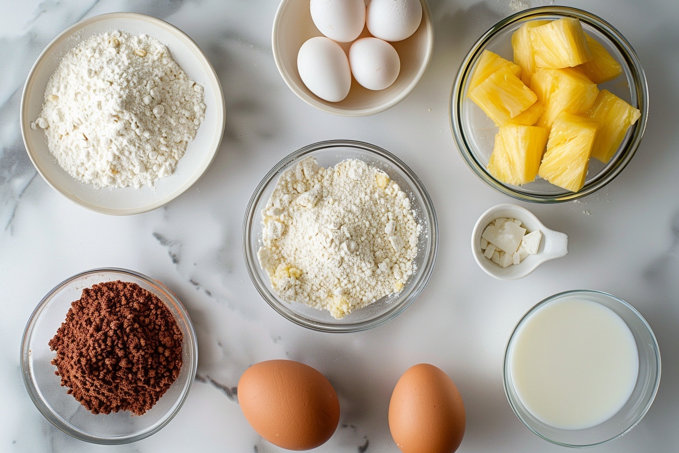A whole round pineapple cake displayed on a large white ceramic cake stand, covered in fluffy smooth white frosting with piped swirls around the edges, decorated with fresh pineapple slices and vibrant green pineapple leaves on top, the cake exterior covered with toasted coconut flakes for a golden texture. The entire cake is presented on a white marble countertop with soft natural daylight creating gentle shadows, styled with touches of tropical greenery in the blurred background, photographed from a 3/4 angle capturing its full size and intricate details, a luxurious and mouth-watering hero shot perfect for a gourmet food magazine. REALISTIC STYLE IMAGE| TAGS: High-end food photography, clean composition, dramatic lighting, luxurious, elegant, mouth-watering, indulgent, gourmet | CAMERA: Nikon Z7 | FOCAL LENGTH: 50mm | SHOT TYPE: Close-up | COMPOSITION: 3/4 angle | LIGHTING: Soft directional light | PRODUCTION: Food Stylist | TIME: Daytime I LOCATION TYPE: Kitchen near windows --stylize 150 --ar 4:5