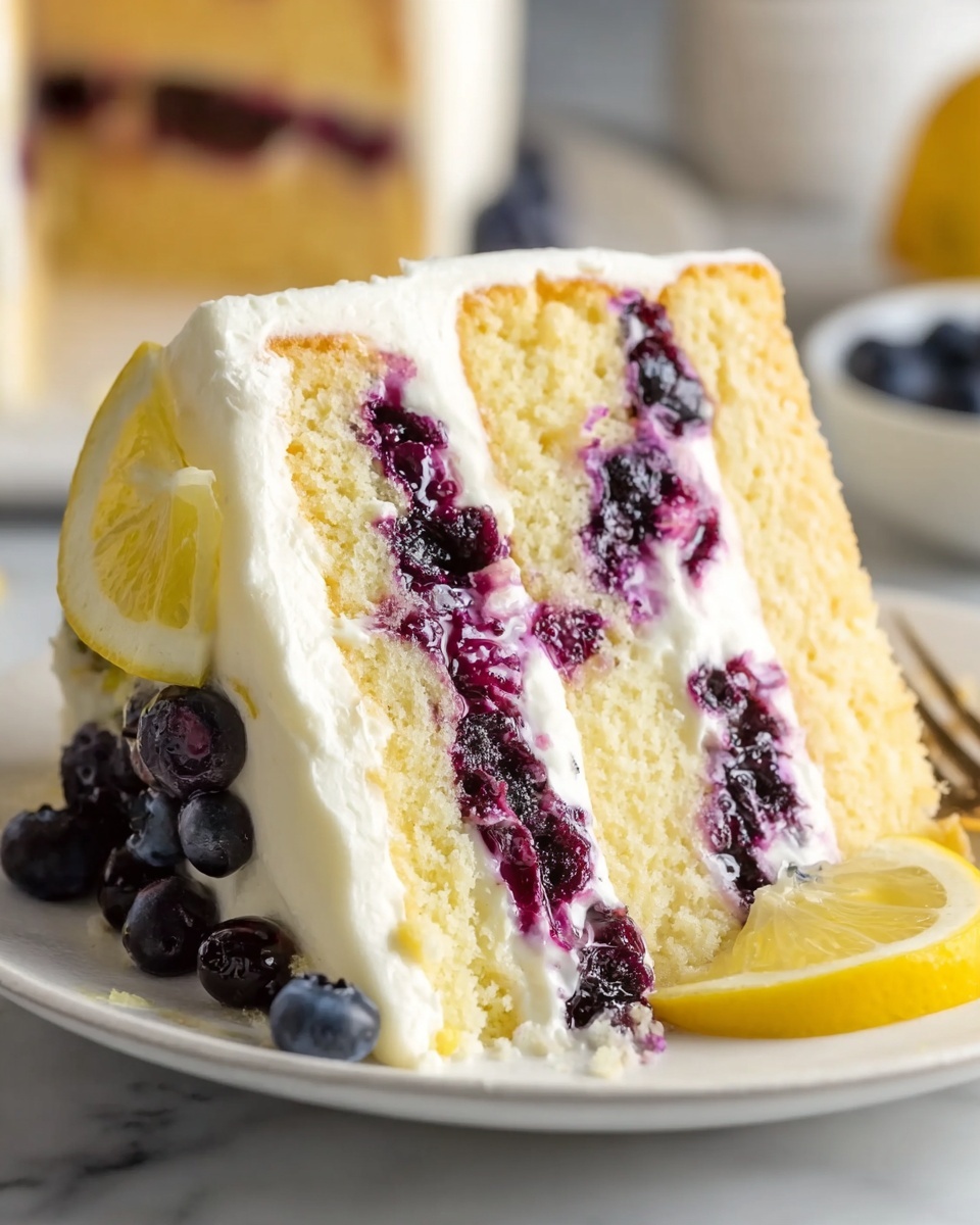 A whole, elegantly frosted layered lemon blueberry cake, perfectly round and untouched, with creamy white frosting covering the entire cake and fresh blueberries decorating the base. The cake stands on a simple white plate atop a white marble countertop in a bright kitchen setting, bathed in natural soft directional daylight from nearby windows. The scene emphasizes the cake’s moist texture and vibrant blueberry swirls hidden beneath the smooth frosting, styled with a sophisticated food stylist’s touch, captured with a Nikon Z7 camera at 50mm, 3/4 angle, close-up, conveying an indulgent, gourmet feel. REALISTIC STYLE IMAGE| TAGS: High-end food photography, clean composition, dramatic lighting, luxurious, elegant, mouth-watering, indulgent, gourmet | CAMERA: Nikon Z7 | FOCAL LENGTH: 50mm | SHOT TYPE: Close-up | COMPOSITION: 3/4 angle | LIGHTING: Soft directional light | PRODUCTION: Food Stylist | TIME: Daytime I LOCATION TYPE: Kitchen near windows --stylize 150 --ar 4:5