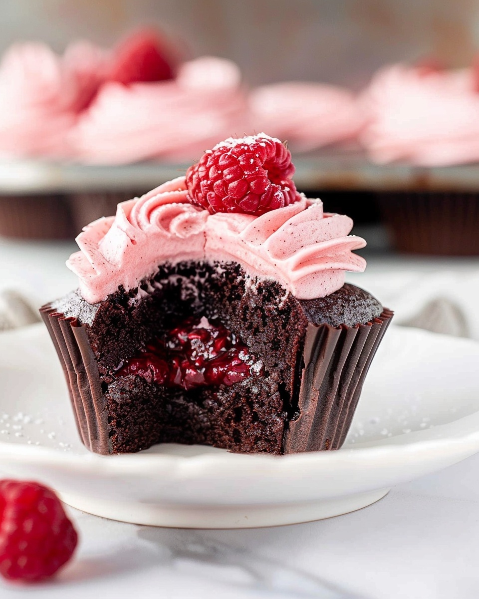 Full white rectangular ceramic serving tray filled with a dozen freshly baked chocolate cupcakes, each topped with perfectly swirled pink raspberry buttercream frosting, crowned with a dollop of glossy raspberry jam and a plump ripe raspberry, arranged neatly on a white marble kitchen countertop, captured in a professional food magazine hero shot with soft natural light highlighting the rich, moist texture of the cupcakes and vibrant frosting colors, all styled elegantly for an indulgent and mouth-watering presentation. REALISTIC STYLE IMAGE| TAGS: High-end food photography, clean composition, dramatic lighting, luxurious, elegant, mouth-watering, indulgent, gourmet | CAMERA: Nikon Z7 | FOCAL LENGTH: 50mm | SHOT TYPE: Close-up | COMPOSITION: 3/4 angle | LIGHTING: Soft directional light | PRODUCTION: Food Stylist | TIME: Daytime I LOCATION TYPE: Kitchen near windows --stylize 150 --ar 4:5