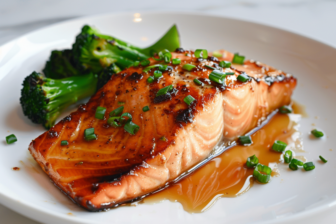 A large white rectangular baking dish filled with whole baked salmon fillets glazed with a rich, golden-brown honey-soy marinade, topped generously with finely chopped green onions and toasted sesame seeds, the entire dish glistening with a caramelized finish, arranged neatly and ready to serve, photographed from a 3/4 angle on a pristine white marble kitchen countertop under soft, natural daylight, styled by a professional food stylist to emphasize its glossy, savory appeal and vibrant garnishes. REALISTIC STYLE IMAGE| TAGS: High-end food photography, clean composition, dramatic lighting, luxurious, elegant, mouth-watering, indulgent, gourmet | CAMERA: Nikon Z7 | FOCAL LENGTH: 50mm | SHOT TYPE: Close-up | COMPOSITION: 3/4 angle | LIGHTING: Soft directional light | PRODUCTION: Food Stylist | TIME: Daytime I LOCATION TYPE: Kitchen near windows --stylize 150 --ar 4:5
