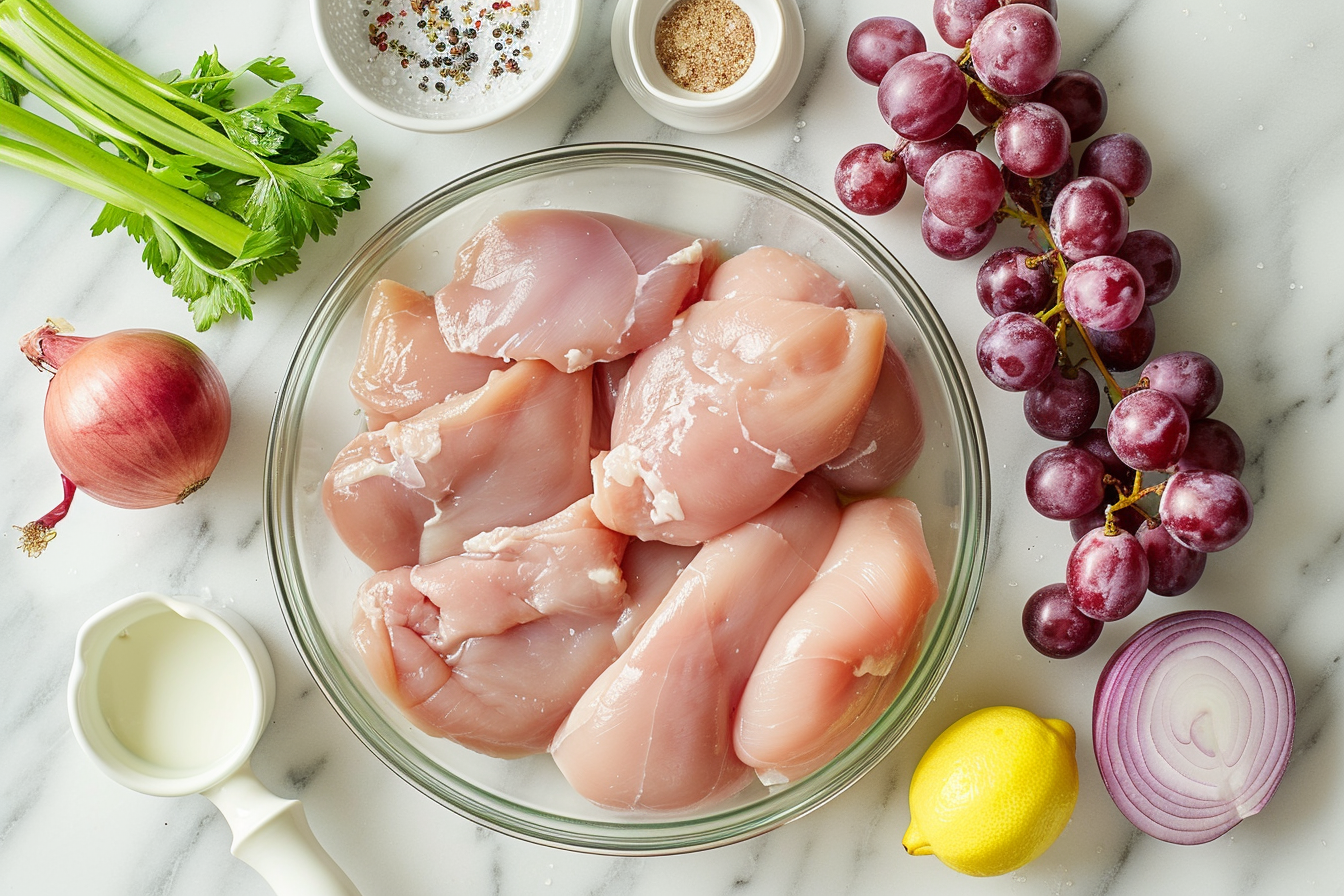 Single white plate holding a close-up, angled view of a single serving of a flaky golden puff pastry pocket, generously stuffed with a creamy chicken salad featuring visible chunks of shredded chicken, halved red grapes, celery pieces, and finely chopped fresh parsley, showcasing the contrast between the crisp layers of the pastry and the luscious texture of the filling, garnished with scattered parsley flakes on the plate, set on a white marble background, natural soft daylight streaming from a nearby window highlighting the delicate puff and colorful filling, styled elegantly for an intimate food blog presentation. REALISTIC STYLE IMAGE| TAGS: High-end food photography, clean composition, dramatic lighting, luxurious, elegant, mouth-watering, indulgent, gourmet | CAMERA: Nikon Z7 | FOCAL LENGTH: 50mm | SHOT TYPE: Close-up | COMPOSITION: 3/4 angle | LIGHTING: Soft directional light | PRODUCTION: Food Stylist | TIME: Daytime I LOCATION TYPE: Kitchen near windows --stylize 150  --ar 4:5