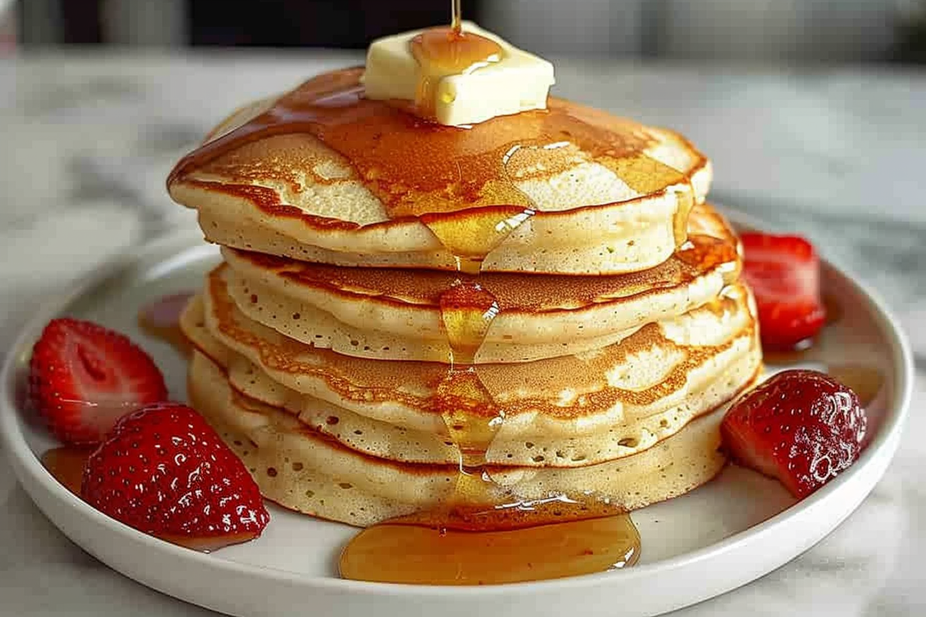 Tall stack of fluffy golden pancakes layered with melting butter on top and drizzled with amber maple syrup pooling gently around the base, surrounded by a ring of whole glazed strawberries on a large white ceramic plate, showcased as a complete breakfast presentation. The dish is photographed from a 3/4 angle, with natural soft directional daylight highlighting the warm tones, against a pristine white marble kitchen countertop background, styled by a professional food stylist for a luxurious, mouth-watering gourmet food magazine cover. REALISTIC STYLE IMAGE| TAGS: High-end food photography, clean composition, dramatic lighting, luxurious, elegant, mouth-watering, indulgent, gourmet | CAMERA: Nikon Z7 | FOCAL LENGTH: 50mm | SHOT TYPE: Close-up | COMPOSITION: 3/4 angle | LIGHTING: Soft directional light | PRODUCTION: Food Stylist | TIME: Daytime I LOCATION TYPE: Kitchen near windows --stylize 150 --ar 4:5