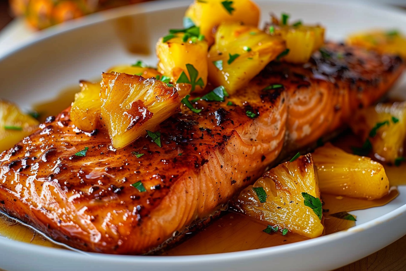 Large white ceramic baking dish filled with multiple perfectly cooked whole salmon fillets topped with caramelized chunks of pineapple and fresh chopped herbs, glistening with a rich, glossy glaze that coats the entire dish, captured from a 3/4 angle on a white marble kitchen countertop with soft natural daylight streaming in, styled to emphasize the vibrant colors and juicy textures of the complete, uncut seafood presentation, professional gourmet food photography. REALISTIC STYLE IMAGE| TAGS: High-end food photography, clean composition, dramatic lighting, luxurious, elegant, mouth-watering, indulgent, gourmet | CAMERA: Nikon Z7 | FOCAL LENGTH: 50mm | SHOT TYPE: Close-up | COMPOSITION: 3/4 angle | LIGHTING: Soft directional light | PRODUCTION: Food Stylist | TIME: Daytime I LOCATION TYPE: Kitchen near windows --stylize 150 --ar 4:5