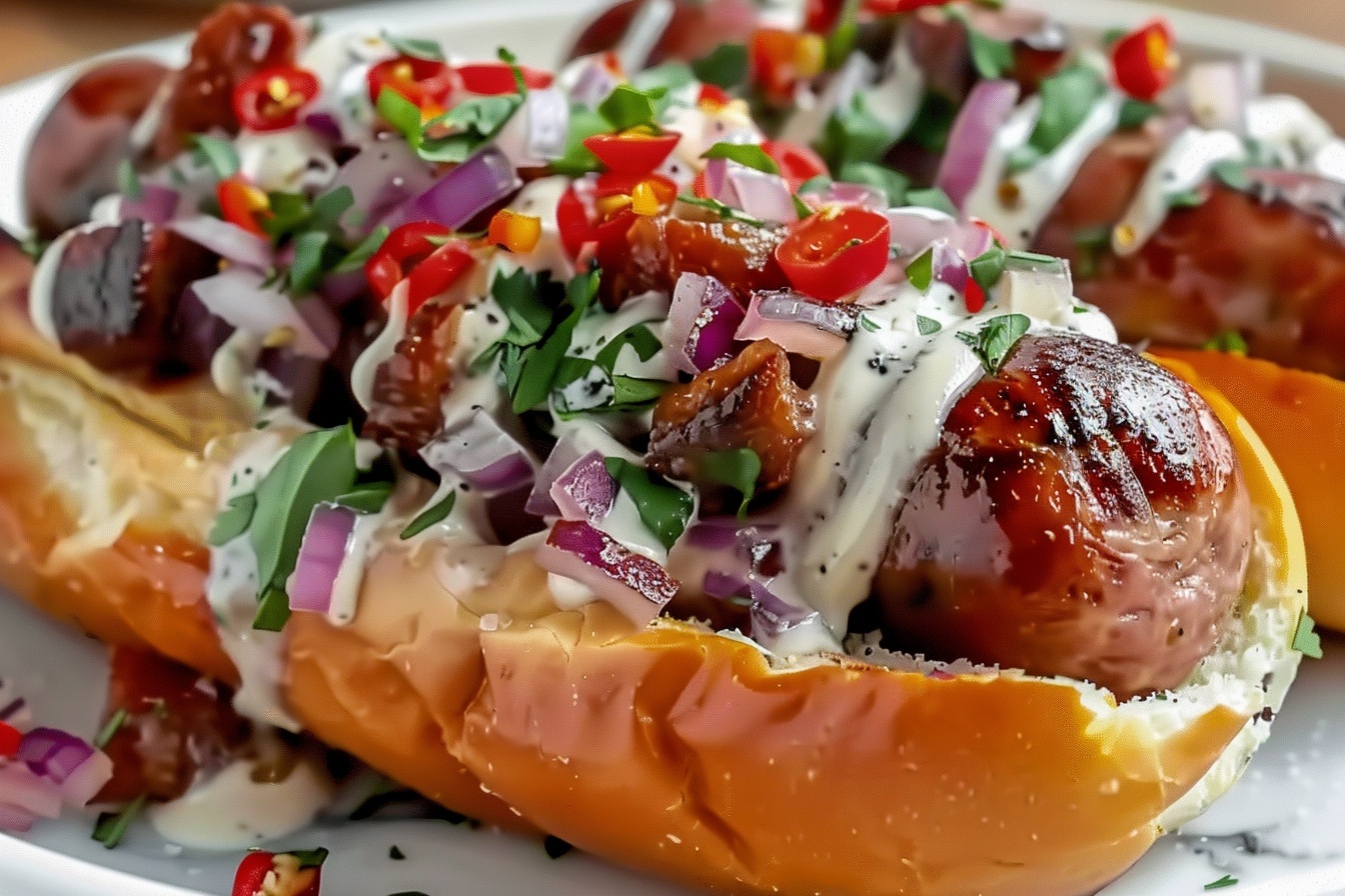 A full white rectangular platter showcasing an array of perfectly baked sausage rolls, each golden-brown and glossy with flaky pastry, topped generously with a vibrant medley of finely chopped red onions, fresh parsley, and small dollops of rich tomato relish. The sausage rolls are arranged neatly in rows to display their uniform size and appetizing textures, set against a pristine white marble countertop with soft natural light highlighting their inviting warmth. The composition is a 3/4 angle close-up capturing the entire platter as a luxurious and indulgent appetizer spread, styled by a professional food stylist, perfect for a high-end food magazine hero shot. REALISTIC STYLE IMAGE| TAGS: High-end food photography, clean composition, dramatic lighting, luxurious, elegant, mouth-watering, indulgent, gourmet | CAMERA: Nikon Z7 | FOCAL LENGTH: 50mm | SHOT TYPE: Close-up | COMPOSITION: 3/4 angle | LIGHTING: Soft directional light | PRODUCTION: Food Stylist | TIME: Daytime | LOCATION TYPE: Kitchen near windows --stylize 150 --ar 4:5