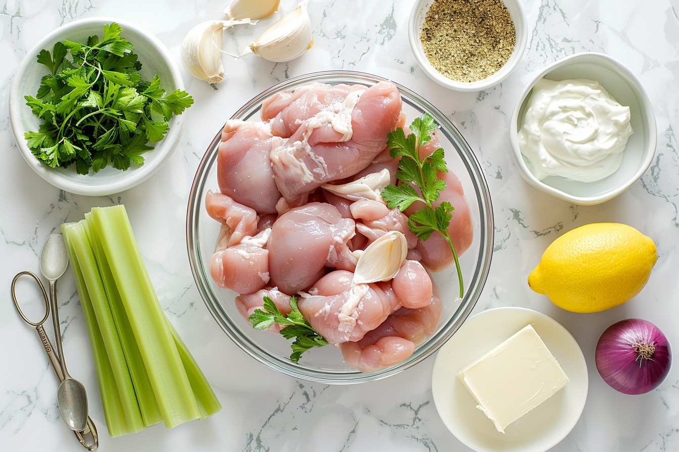 A single white bowl showcasing a generous serving of creamy chicken salad with visible chunks of tender chicken, finely chopped celery, and red onion bits, all coated in a luscious, herb-speckled dressing, garnished with a sprig of fresh parsley on top and a lemon wedge perched on the side. The close-up 3/4 angle highlights the varied textures and creamy consistency of the salad, placed on a pristine white marble surface under soft natural daylight, styled as an inviting, ready-to-eat portion presented in a food blog style. REALISTIC STYLE IMAGE| TAGS: High-end food photography, clean composition, dramatic lighting, luxurious, elegant, mouth-watering, indulgent, gourmet | CAMERA: Nikon Z7 | FOCAL LENGTH: 50mm | SHOT TYPE: Close-up | COMPOSITION: 3/4 angle | LIGHTING: Soft directional light | PRODUCTION: Food Stylist | TIME: Daytime I LOCATION TYPE: Kitchen near windows --stylize 150  --ar 4:5