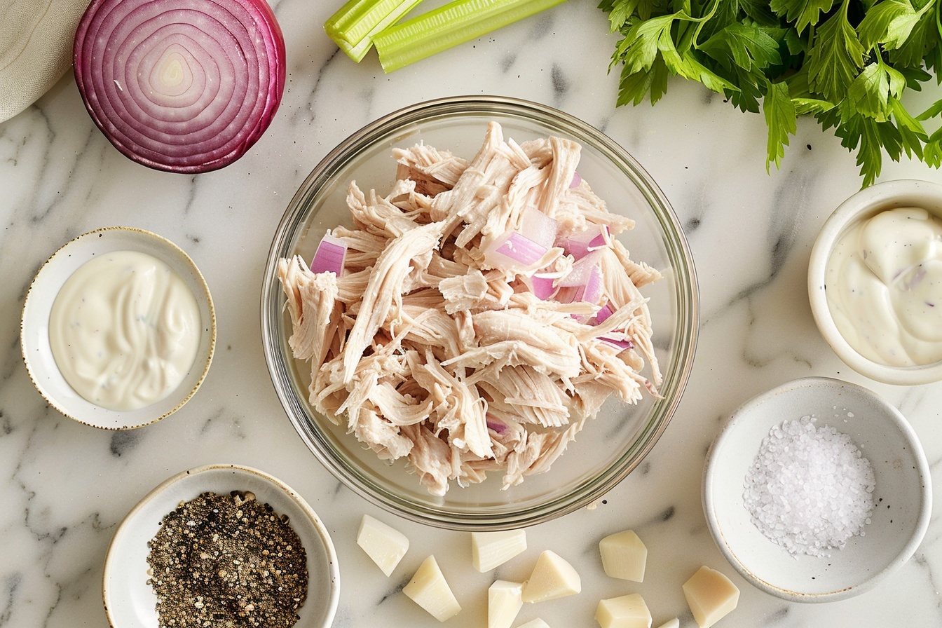 A single white plate holding a neatly scooped portion of chicken salad featuring visible chunks of shredded chicken, halved red grapes, diced green apple, chopped celery, and toasted pecans, all coated in a creamy dressing with finely chopped parsley sprinkled on top for freshness. The close-up, 3/4 angled shot emphasizes the varied interior textures and the hearty ingredients mixed evenly, placed on a white marble surface under soft natural light, evoking a fresh and appetizing single serving ready to eat. REALISTIC STYLE IMAGE| TAGS: High-end food photography, clean composition, dramatic lighting, luxurious, elegant, mouth-watering, indulgent, gourmet | CAMERA: Nikon Z7 | FOCAL LENGTH: 50mm | SHOT TYPE: Close-up | COMPOSITION: 3/4 angle | LIGHTING: Soft directional light | PRODUCTION: Food Stylist | TIME: Daytime I LOCATION TYPE: Kitchen near windows --stylize 150  --ar 4:5