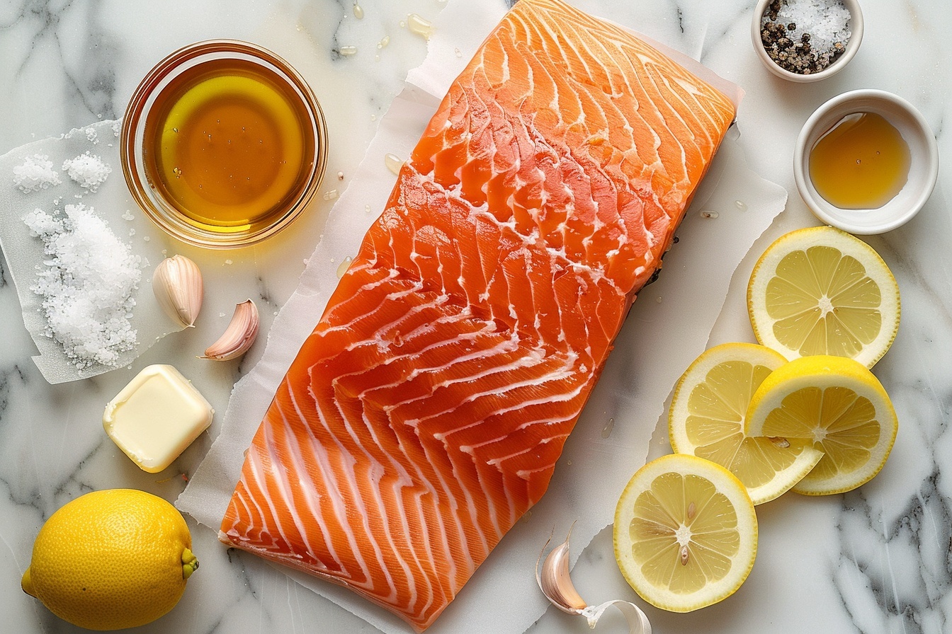 A full rectangular baking tray lined with foil showcasing multiple perfectly baked salmon fillets topped with thin lemon slices and sprinkled with freshly chopped parsley, swimming in a golden, glossy lemon garlic butter sauce, each fillet showing a crispy, seasoned crust with visible cracked black pepper and minced garlic, shot at a 3/4 angle capturing the entirety of the dish on a white marble countertop, styled professionally with natural soft directional daylight streaming in from a nearby kitchen window, emphasizing the moist texture and vibrant colors of the seafood dish, ideal for a gourmet food magazine hero shot. REALISTIC STYLE IMAGE| TAGS: High-end food photography, clean composition, dramatic lighting, luxurious, elegant, mouth-watering, indulgent, gourmet | CAMERA: Nikon Z7 | FOCAL LENGTH: 50mm | SHOT TYPE: Close-up | COMPOSITION: 3/4 angle | LIGHTING: Soft directional light | PRODUCTION: Food Stylist | TIME: Daytime I LOCATION TYPE: Kitchen near windows --stylize 150 --ar 4:5