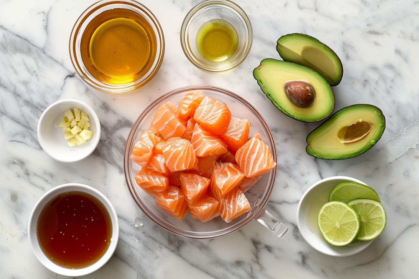 Large white bowl filled with a vibrant poke bowl showing whole bite-sized glazed salmon cubes, fresh diced cucumber mixed with herbs, fluffy brown rice base, sprinkled with sesame seeds and chili flakes, garnished with neatly arranged lime wedges on the side, drizzled with a creamy spicy sauce, photographed from a 3/4 angle on a white marble kitchen countertop with natural soft directional daylight, styled by a professional food stylist --stylize 150 --ar 4:5 REALISTIC STYLE IMAGE| TAGS: High-end food photography, clean composition, dramatic lighting, luxurious, elegant, mouth-watering, indulgent, gourmet | CAMERA: Nikon Z7 | FOCAL LENGTH: 50mm | SHOT TYPE: Close-up | COMPOSITION: 3/4 angle | LIGHTING: Soft directional light | PRODUCTION: Food Stylist | TIME: Daytime I LOCATION TYPE: Kitchen near windows