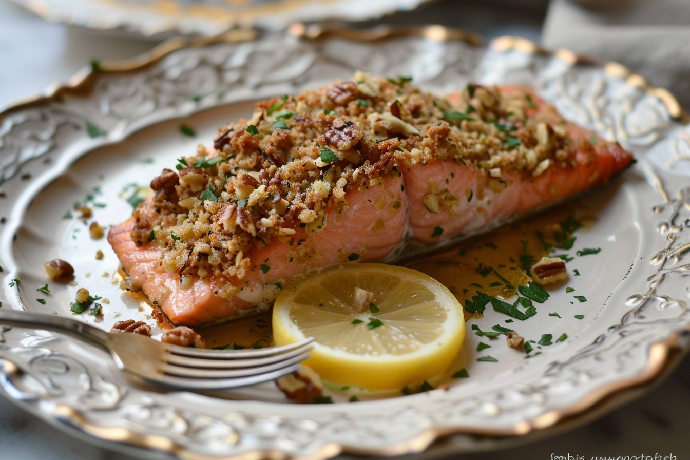 Oval white ceramic serving platter arranged with multiple whole pecan-crusted salmon fillets, each with a golden-brown crust made from finely chopped pecans and herbs, garnished with fresh parsley flakes, set on a white marble kitchen countertop under natural soft directional light, showcasing an elegant and indulgent presentation in a professional food magazine style image, shot from a 3/4 angle with a Nikon Z7 camera and 50mm focal length, styled by a food stylist during daytime near kitchen windows, highlighting a gourmet and mouth-watering appeal. REALISTIC STYLE IMAGE| TAGS: High-end food photography, clean composition, dramatic lighting, luxurious, elegant, mouth-watering, indulgent, gourmet | CAMERA: Nikon Z7 | FOCAL LENGTH: 50mm | SHOT TYPE: Close-up | COMPOSITION: 3/4 angle | LIGHTING: Soft directional light | PRODUCTION: Food Stylist | TIME: Daytime I LOCATION TYPE: Kitchen near windows --stylize 150 --ar 4:5