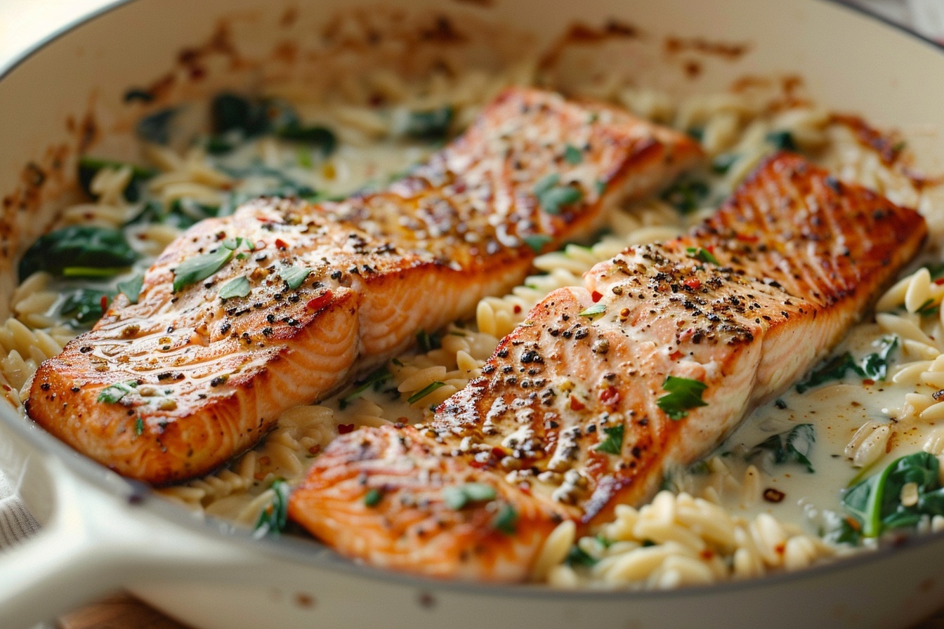 One Skillet Salmon with Lemon Orzo Recipe