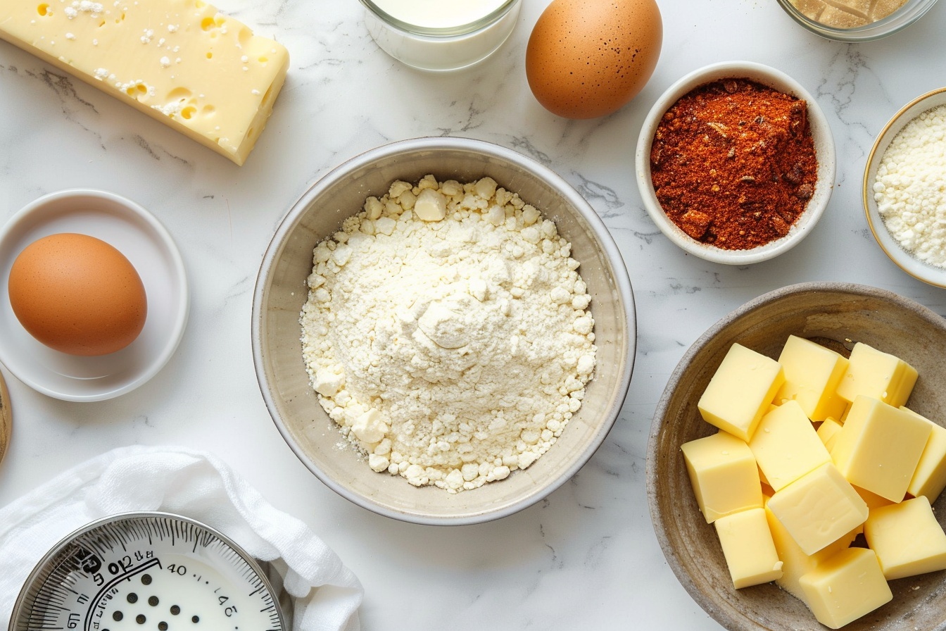Single white plate with one flaky, golden-brown cheddar chive biscuit, broken open to reveal the soft, layered interior with melted cheddar cheese and finely chopped chives visible throughout, close-up angled shot emphasizing the rich texture and crisp edges, small chive garnish beside the biscuit, placed on a white marble surface, natural soft directional daylight streaming through a nearby window for an elegant, mouth-watering food blog style presentation, styled by a professional food stylist REALISTIC STYLE IMAGE| TAGS: High-end food photography, clean composition, dramatic lighting, luxurious, elegant, mouth-watering, indulgent, gourmet | CAMERA: Nikon Z7 | FOCAL LENGTH: 50mm | SHOT TYPE: Close-up | COMPOSITION: 3/4 angle | LIGHTING: Soft directional light | PRODUCTION: Food Stylist | TIME: Daytime I LOCATION TYPE: Kitchen near windows --stylize 150  --ar 4:5