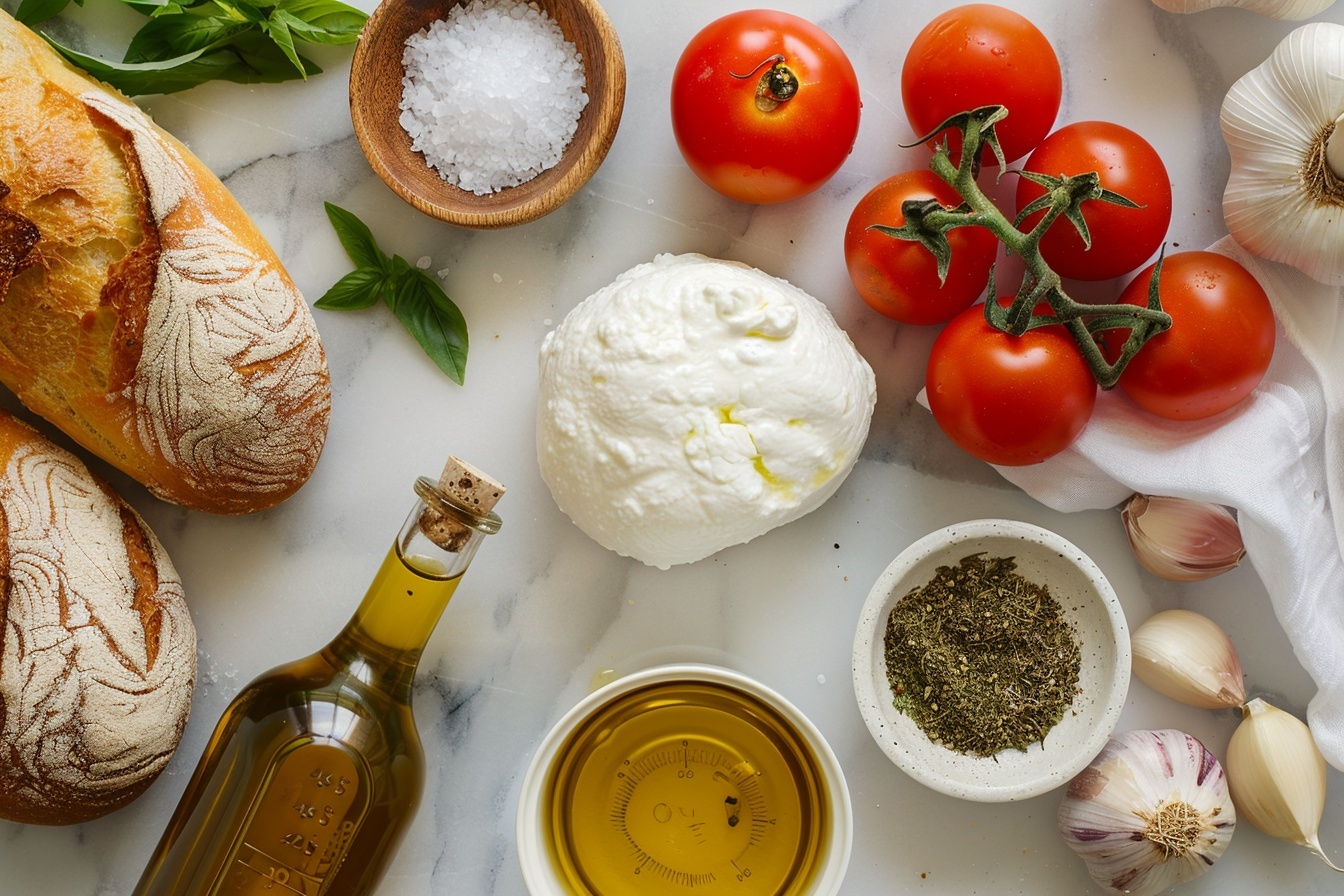 Single white shallow bowl featuring a plated serving of a creamy burrata cheese ball surrounded by roasted cherry tomatoes in a golden olive oil and herb dressing, close-up angle reveals the soft, luscious interior of the cheese as it melts slightly into the sauce, garnished with chopped fresh basil, arranged on a white marble surface, styled as an elegant gourmet dish ready to eat, natural soft directional daylight highlighting the vibrant colors and textures, intimate food blog style photograph REALISTIC STYLE IMAGE| TAGS: High-end food photography, clean composition, dramatic lighting, luxurious, elegant, mouth-watering, indulgent, gourmet | CAMERA: Nikon Z7 | FOCAL LENGTH: 50mm | SHOT TYPE: Close-up | COMPOSITION: 3/4 angle | LIGHTING: Soft directional light | PRODUCTION: Food Stylist | TIME: Daytime I LOCATION TYPE: Kitchen near windows --stylize 150 --ar 4:5