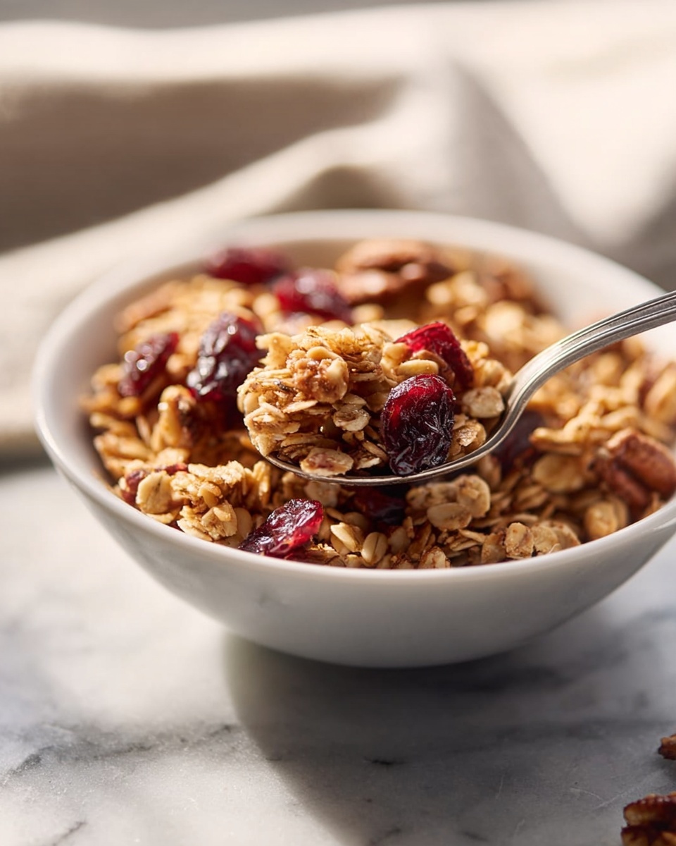 A large white ceramic bowl brimming with homemade granola clusters, packed with toasted oats, pecans, dried cranberries, and bits of chocolate, showcasing the full rustic texture and golden brown hues, surrounded by a clean white marble kitchen countertop with natural daylight streaming in from a nearby window, styled for an inviting and wholesome breakfast scene, photographed at a 3/4 angle highlighting the generous serving and intricate details of the granola ingredients, capturing a luxurious and mouth-watering presentation. REALISTIC STYLE IMAGE| TAGS: High-end food photography, clean composition, dramatic lighting, luxurious, elegant, mouth-watering, indulgent, gourmet | CAMERA: Nikon Z7 | FOCAL LENGTH: 50mm | SHOT TYPE: Close-up | COMPOSITION: 3/4 angle | LIGHTING: Soft directional light | PRODUCTION: Food Stylist | TIME: Daytime I LOCATION TYPE: Kitchen near windows --stylize 150 --ar 4:5