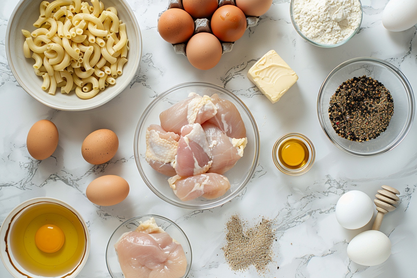 Large white ceramic baking dish filled with creamy macaroni and cheese topped with golden, perfectly browned chicken pieces and a sprinkle of fresh chopped parsley, the entire casserole shown in a professional 3/4 angle shot on a white marble kitchen countertop with soft natural lighting highlighting the rich textures and inviting colors, styled to look indulgent and gourmet, like a hero shot from a top food magazine, evoking warmth and comfort. REALISTIC STYLE IMAGE| TAGS: High-end food photography, clean composition, dramatic lighting, luxurious, elegant, mouth-watering, indulgent, gourmet | CAMERA: Nikon Z7 | FOCAL LENGTH: 50mm | SHOT TYPE: Close-up | COMPOSITION: 3/4 angle | LIGHTING: Soft directional light | PRODUCTION: Food Stylist | TIME: Daytime I LOCATION TYPE: Kitchen near windows --stylize 150 --ar 4:5