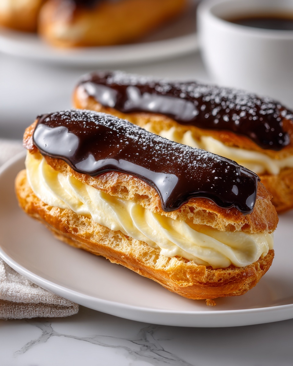 A large white oval ceramic serving tray filled with a neatly arranged bunch of classic eclairs topped with smooth, glossy chocolate ganache, showcasing their golden choux pastry shell and rich filling inside, all eclairs displayed in perfect harmony on the tray, set on a white marble kitchen counter with natural soft daylight highlighting the textures and shine, styled as a luxurious and indulgent dessert presentation. REALISTIC STYLE IMAGE| TAGS: High-end food photography, clean composition, dramatic lighting, luxurious, elegant, mouth-watering, indulgent, gourmet | CAMERA: Nikon Z7 | FOCAL LENGTH: 50mm | SHOT TYPE: Close-up | COMPOSITION: 3/4 angle | LIGHTING: Soft directional light | PRODUCTION: Food Stylist | TIME: Daytime I LOCATION TYPE: Kitchen near windows --stylize 150 --ar 4:5