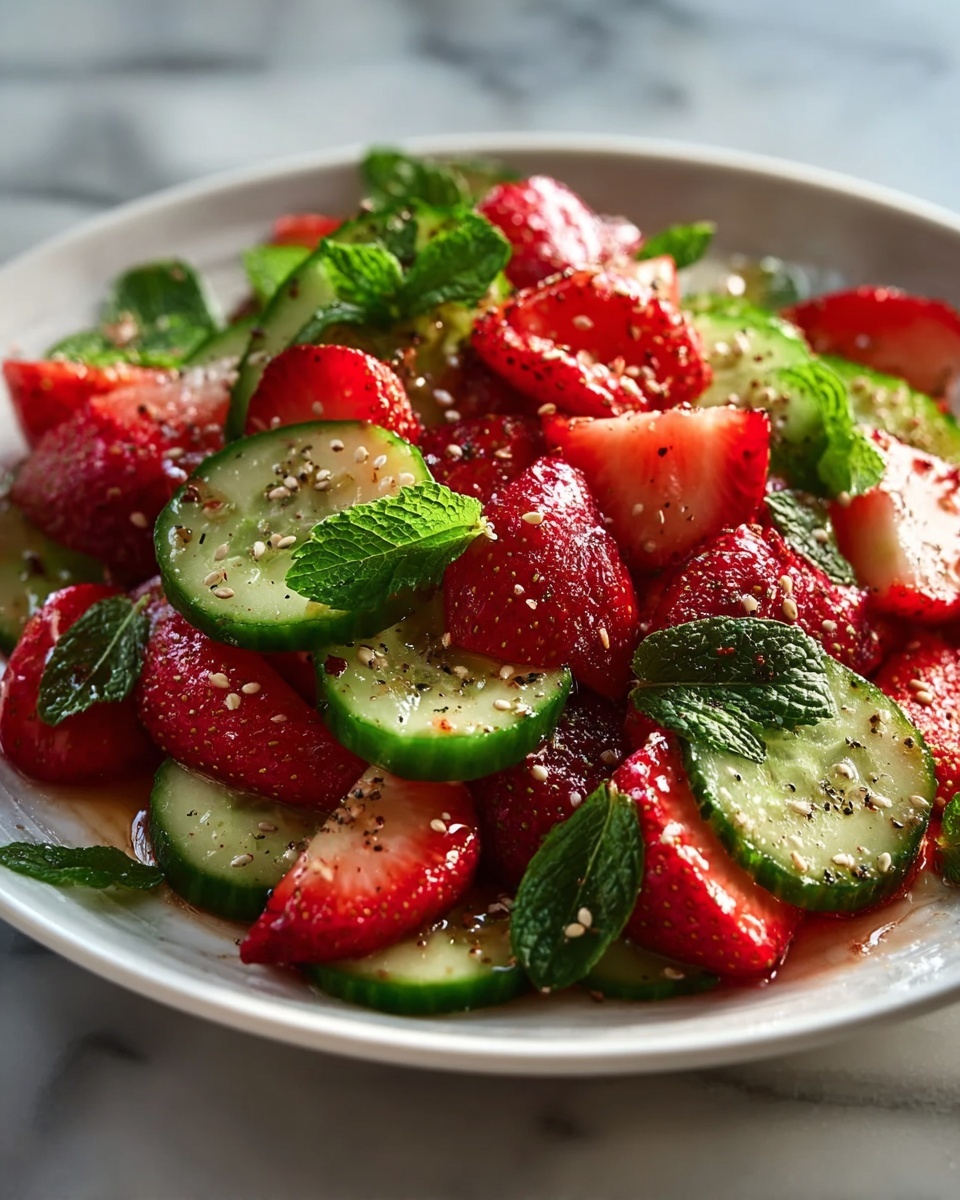 Large white bowl filled with a vibrant strawberry and cucumber salad, showcasing whole and halved fresh strawberries, thinly sliced cucumbers, and sprigs of fresh mint leaves scattered on top, lightly sprinkled with sesame seeds and black pepper for texture and contrast, arranged artistically to highlight freshness and color, photographed from a 3/4 angle on a white marble kitchen countertop with soft natural daylight illuminating the scene, professional food styling creating an inviting and gourmet presentation. REALISTIC STYLE IMAGE| TAGS: High-end food photography, clean composition, dramatic lighting, luxurious, elegant, mouth-watering, indulgent, gourmet | CAMERA: Nikon Z7 | FOCAL LENGTH: 50mm | SHOT TYPE: Close-up | COMPOSITION: 3/4 angle | LIGHTING: Soft directional light | PRODUCTION: Food Stylist | TIME: Daytime I LOCATION TYPE: Kitchen near windows --stylize 150 --ar 4:5