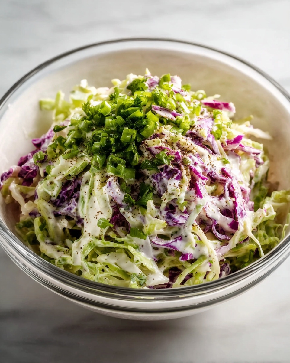 Large white ceramic bowl filled with freshly made creamy coleslaw, featuring finely shredded green and purple cabbage mixed with chopped green onions, all coated in a smooth, tangy dressing with visible specks of black pepper, displayed on a white marble kitchen countertop, styled with natural daylight from nearby windows, professional food styling for a gourmet presentation, photographed at a 3/4 angle to capture the vibrant textures and colors of the whole dish, emphasizing freshness and indulgence. REALISTIC STYLE IMAGE| TAGS: High-end food photography, clean composition, dramatic lighting, luxurious, elegant, mouth-watering, indulgent, gourmet | CAMERA: Nikon Z7 | FOCAL LENGTH: 50mm | SHOT TYPE: Close-up | COMPOSITION: 3/4 angle | LIGHTING: Soft directional light | PRODUCTION: Food Stylist | TIME: Daytime I LOCATION TYPE: Kitchen near windows --stylize 150 --ar 4:5