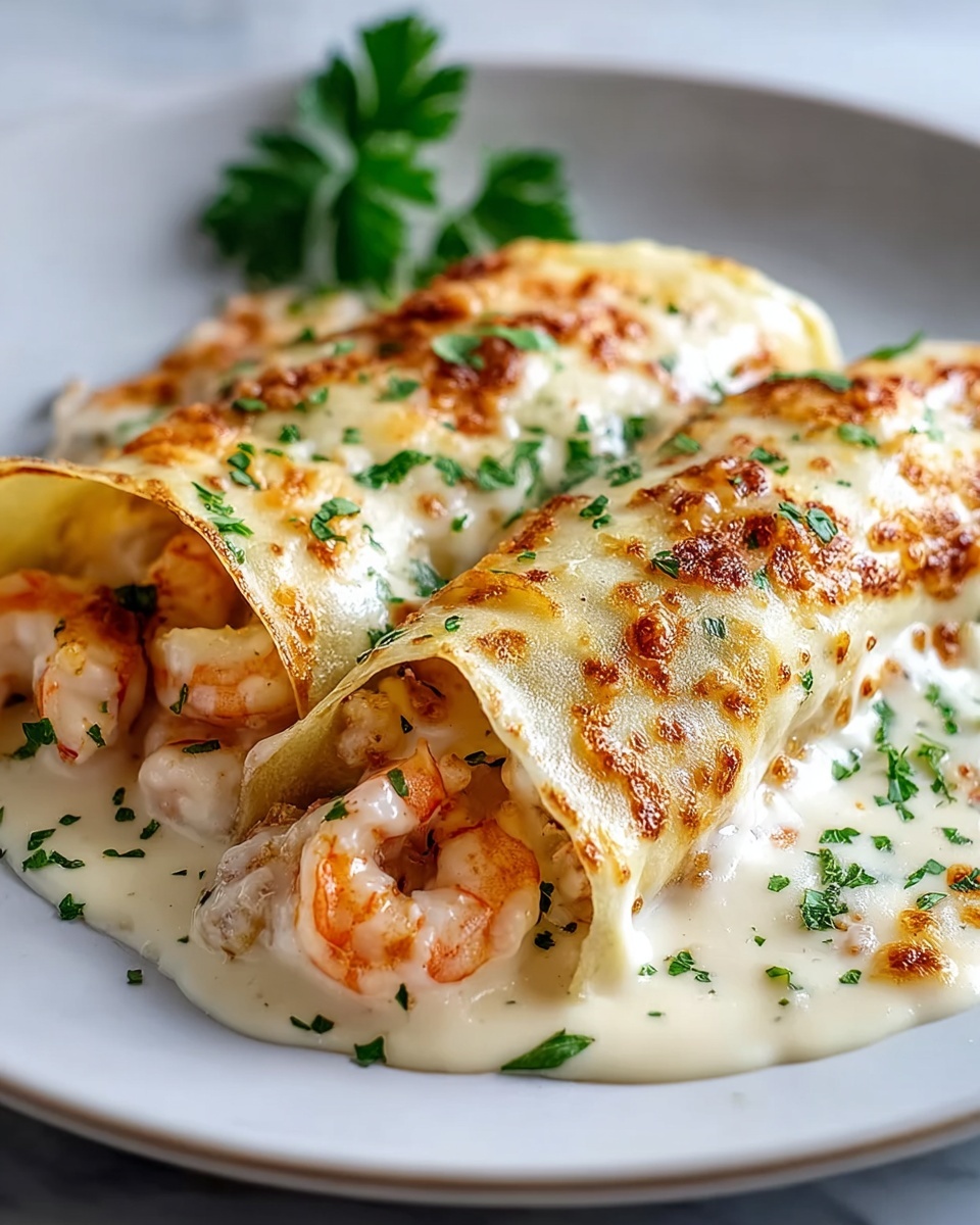 Large white rectangular baking dish filled with four creamy shrimp enchiladas, each enchilada generously stuffed with whole grilled shrimp, rolled in soft corn tortillas, and topped with bubbling golden melted cheese and sprinkled with fresh chopped parsley and herbs, rich creamy white sauce covering the enchiladas, dish presented whole and uncut, photographed from a 3/4 angle on a white marble countertop, natural daylight highlighting the textures and vibrant colors, styled to emphasize indulgence and freshness, like a hero shot in a gourmet food magazine, REALISTIC STYLE IMAGE| TAGS: High-end food photography, clean composition, dramatic lighting, luxurious, elegant, mouth-watering, indulgent, gourmet | CAMERA: Nikon Z7 | FOCAL LENGTH: 50mm | SHOT TYPE: Close-up | COMPOSITION: 3/4 angle | LIGHTING: Soft directional light | PRODUCTION: Food Stylist | TIME: Daytime I LOCATION TYPE: Kitchen near windows --stylize 150 --ar 4:5