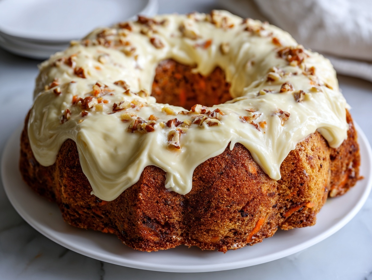 Whole moist carrot bundt cake with a thick layer of creamy white frosting elegantly draped over the top and sides, sitting on a pristine white serving plate, showcasing the entire circular bundt cake in perfect form. The cake has a rich golden-brown color with visible flecks of grated carrot and chopped nuts throughout, highlighting its texture. The shot is taken at a 3/4 angle on a white marble countertop with soft natural light filtering in, styled like a luxury food magazine hero shot to emphasize the moistness and decadent frosting of the entire uncut cake. REALISTIC STYLE IMAGE| TAGS: High-end food photography, clean composition, dramatic lighting, luxurious, elegant, mouth-watering, indulgent, gourmet | CAMERA: Nikon Z7 | FOCAL LENGTH: 50mm | SHOT TYPE: Close-up | COMPOSITION: 3/4 angle | LIGHTING: Soft directional light | PRODUCTION: Food Stylist | TIME: Daytime I LOCATION TYPE: Kitchen near windows --stylize 150 --ar 4:5
