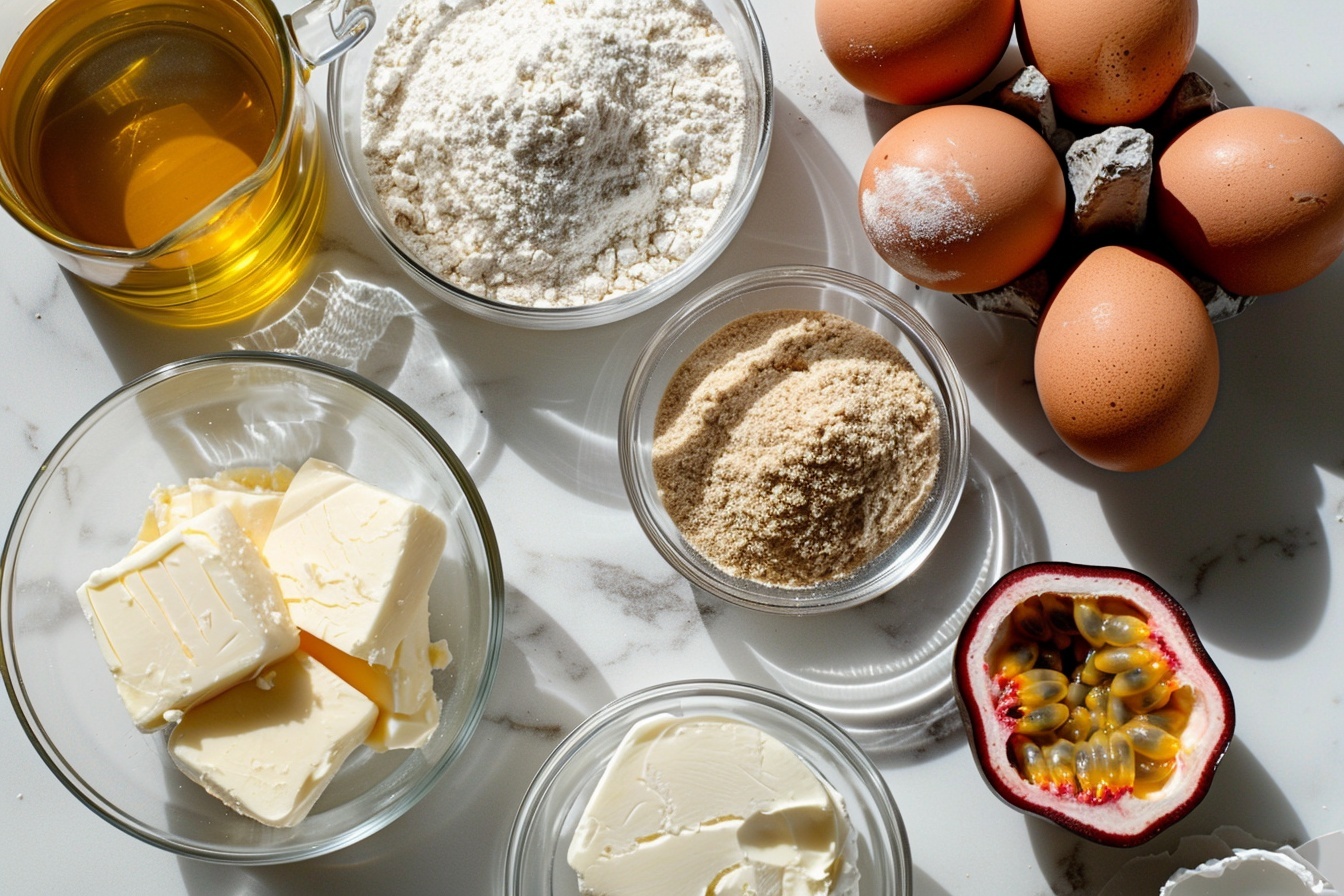Passionfruit Cupcakes with Passionfruit Buttercream and Filling Recipe 5 Single white plate featuring a single slice of a passion fruit cupcake with creamy white frosting swirled on top, a visible passion fruit seed and pulp filling layer inside the moist yellow cake base, close-up 3/4 angle highlighting the delicate crumb structure and glossy fruit topping, garnished with a small purple flower petal, set on a white marble surface with soft directional daylight streaming in, styled to emphasize the fresh tropical flavors and intricate textures of the slice — REALISTIC STYLE IMAGE | TAGS: High-end food photography, clean composition, dramatic lighting, luxurious, elegant, mouth-watering, indulgent, gourmet | CAMERA: Nikon Z7 | FOCAL LENGTH: 50mm | SHOT TYPE: Close-up | COMPOSITION: 3/4 angle | LIGHTING: Soft directional light | PRODUCTION: Food Stylist | TIME: Daytime | LOCATION TYPE: Kitchen near windows --stylize 150 --ar 4:5