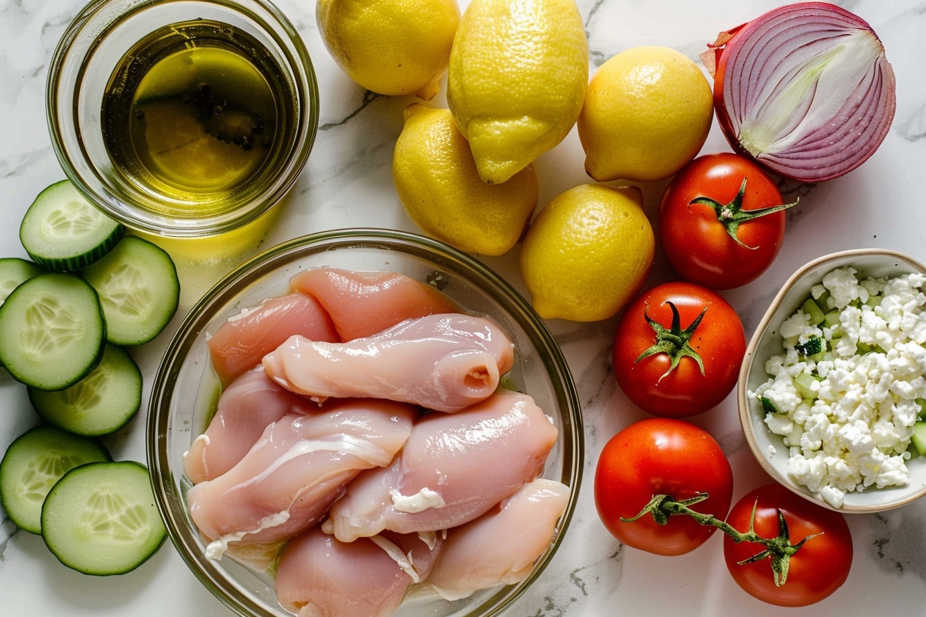 Single white bowl containing a plated serving of seasoned grilled chicken slices arranged neatly alongside diced cucumbers, chopped red onions, and halved cherry tomatoes sprinkled with herbs, topped with a dollop of creamy tzatziki sauce and crumbled feta cheese, accented with a lemon wedge on the side, close-up shot emphasizing the textures and vibrant colors, placed on a white marble surface in natural daylight, styled for an intimate and gourmet food blog presentation. REALISTIC STYLE IMAGE| TAGS: High-end food photography, clean composition, dramatic lighting, luxurious, elegant, mouth-watering, indulgent, gourmet | CAMERA: Nikon Z7 | FOCAL LENGTH: 50mm | SHOT TYPE: Close-up | COMPOSITION: 3/4 angle | LIGHTING: Soft directional light | PRODUCTION: Food Stylist | TIME: Daytime I LOCATION TYPE: Kitchen near windows --stylize 150  --ar 4:5