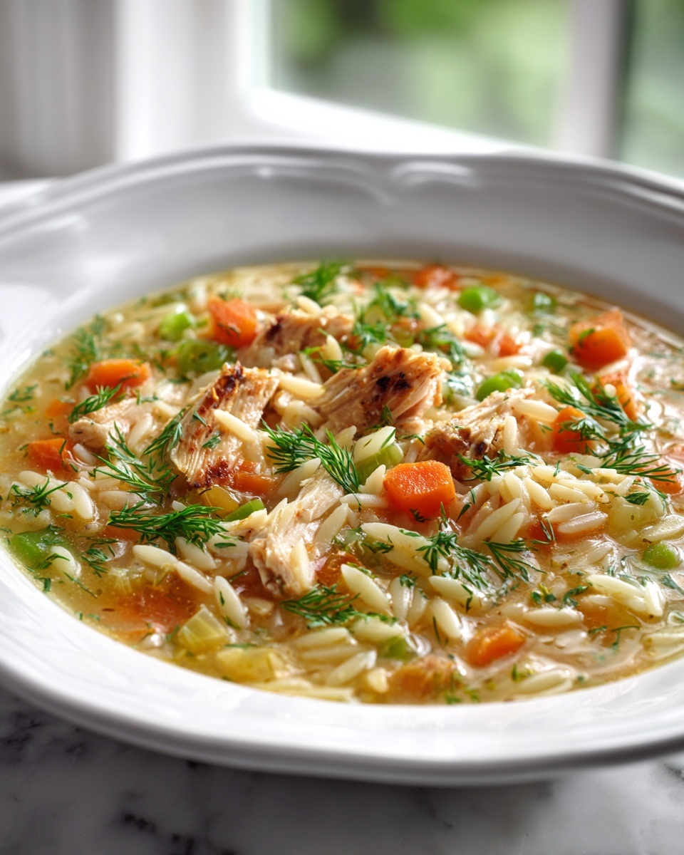 Large white bowl filled with a creamy, hearty chicken and rice soup, showcasing tender shredded chicken pieces, finely diced carrots, celery, fresh dill, and orzo pasta, the broth a rich golden color with herbs floating throughout, captured as a full serving bowl in a professional food styling setup on a white marble kitchen countertop with natural soft lighting highlighting the textures and colors, presented from a 3/4 angle to emphasize the depth and warmth of the dish, REALISTIC STYLE IMAGE| TAGS: High-end food photography, clean composition, dramatic lighting, luxurious, elegant, mouth-watering, indulgent, gourmet | CAMERA: Nikon Z7 | FOCAL LENGTH: 50mm | SHOT TYPE: Close-up | COMPOSITION: 3/4 angle | LIGHTING: Soft directional light | PRODUCTION: Food Stylist | TIME: Daytime I LOCATION TYPE: Kitchen near windows --stylize 150 --ar 4:5