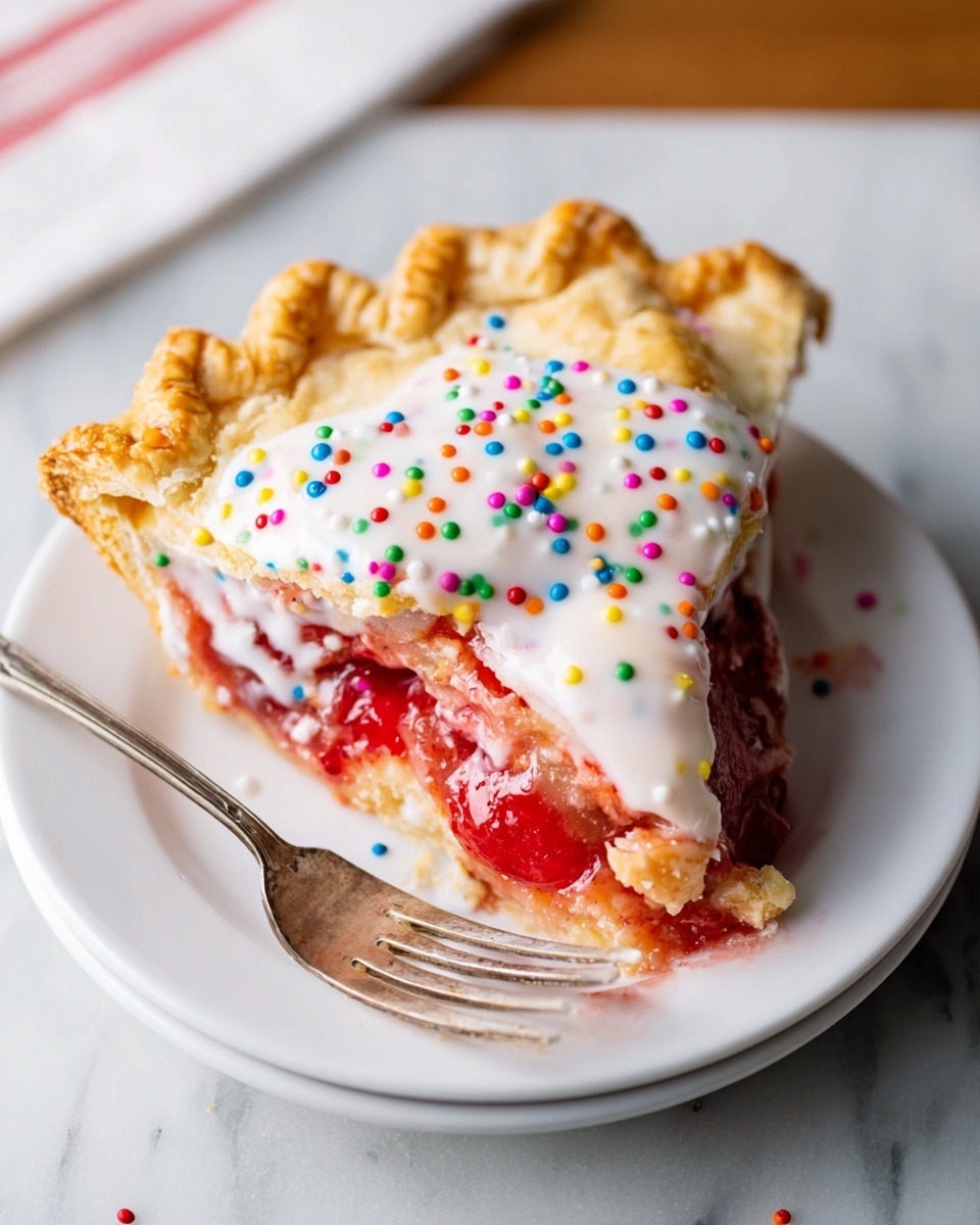 A whole classic cherry pie displayed in a clear glass pie dish, featuring a golden, flaky crust with crimped edges, topped with a smooth, glossy white icing generously sprinkled with vibrant multicolored round sprinkles, sitting on a white marble countertop bathed in natural soft daylight. The entire pie is perfectly framed in a 3/4 angle shot highlighting the rich, luscious cherry filling beneath the shiny icing. The pristine background and elegant food styling emphasize the indulgent and inviting nature of the dessert. REALISTIC STYLE IMAGE| TAGS: High-end food photography, clean composition, dramatic lighting, luxurious, elegant, mouth-watering, indulgent, gourmet | CAMERA: Nikon Z7 | FOCAL LENGTH: 50mm | SHOT TYPE: Close-up | COMPOSITION: 3/4 angle | LIGHTING: Soft directional light | PRODUCTION: Food Stylist | TIME: Daytime I LOCATION TYPE: Kitchen near windows --stylize 150 --ar 4:5