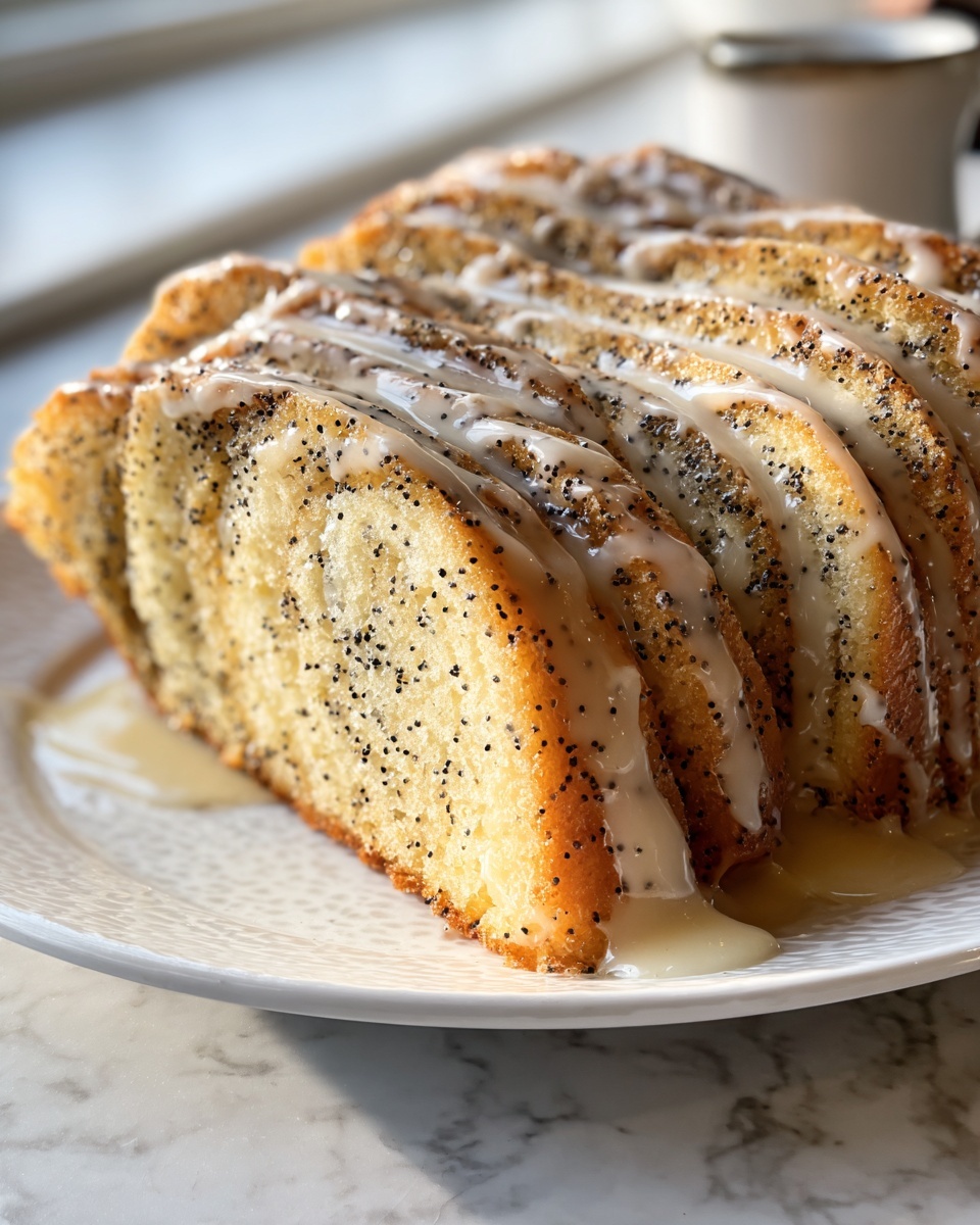 A whole freshly baked poppy seed pull-apart bread loaf displayed on a white rectangular serving tray, glistening with a generous drizzle of sweet glaze that cascades over each soft, golden-brown layered section dotted with crunchy black poppy seeds. The entire loaf is perfectly intact, showcasing its intricate folded and stacked layers with a slightly crisp crust and tender interior, captured from a 3/4 angle on a pristine white marble kitchen countertop with natural soft directional daylight highlighting the glossy texture and inviting aroma of the bread, styled with a professional food stylist’s touch for an elegant gourmet presentation. REALISTIC STYLE IMAGE| TAGS: High-end food photography, clean composition, dramatic lighting, luxurious, elegant, mouth-watering, indulgent, gourmet | CAMERA: Nikon Z7 | FOCAL LENGTH: 50mm | SHOT TYPE: Close-up | COMPOSITION: 3/4 angle | LIGHTING: Soft directional light | PRODUCTION: Food Stylist | TIME: Daytime I LOCATION TYPE: Kitchen near windows --stylize 150 --ar 4:5