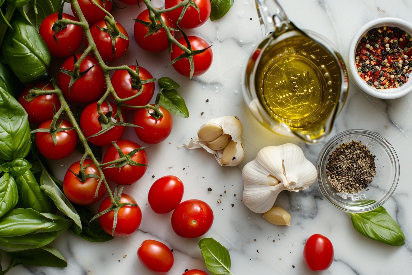 Single white plate featuring a neatly twirled portion of angel hair pasta topped with roasted red and yellow grape tomatoes, showcasing their juicy interior textures. The pasta is lightly coated in a glossy olive oil dressing, sprinkled with freshly grated Parmesan cheese and finely chopped basil, with a delicate dusting of cracked black pepper and crushed red pepper flakes enhancing the vibrant colors. The close-up shot reveals the tender strands of pasta intertwined with succulent tomato halves, resting on a white marble surface under soft natural daylight, evoking an elegant homemade gourmet feel. REALISTIC STYLE IMAGE| TAGS: High-end food photography, clean composition, dramatic lighting, luxurious, elegant, mouth-watering, indulgent, gourmet | CAMERA: Nikon Z7 | FOCAL LENGTH: 50mm | SHOT TYPE: Close-up | COMPOSITION: 3/4 angle | LIGHTING: Soft directional light | PRODUCTION: Food Stylist | TIME: Daytime I LOCATION TYPE: Kitchen near windows --stylize 150  --ar 4:5
