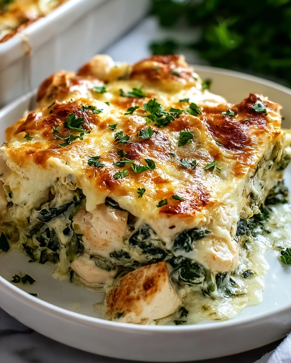 A full rectangular white ceramic baking dish filled to the brim with a creamy, golden-baked chicken and spinach casserole topped with melted, bubbly cheese and sprinkled with fresh chopped herbs, showcasing the entire untouched casserole with its rich, hearty layers visible from the side, placed on a white marble kitchen countertop with natural daylight gently illuminating the rustic, comforting textures. REALISTIC STYLE IMAGE| TAGS: High-end food photography, clean composition, dramatic lighting, luxurious, elegant, mouth-watering, indulgent, gourmet | CAMERA: Nikon Z7 | FOCAL LENGTH: 50mm | SHOT TYPE: Close-up | COMPOSITION: 3/4 angle | LIGHTING: Soft directional light | PRODUCTION: Food Stylist | TIME: Daytime I LOCATION TYPE: Kitchen near windows --stylize 150 --ar 4:5