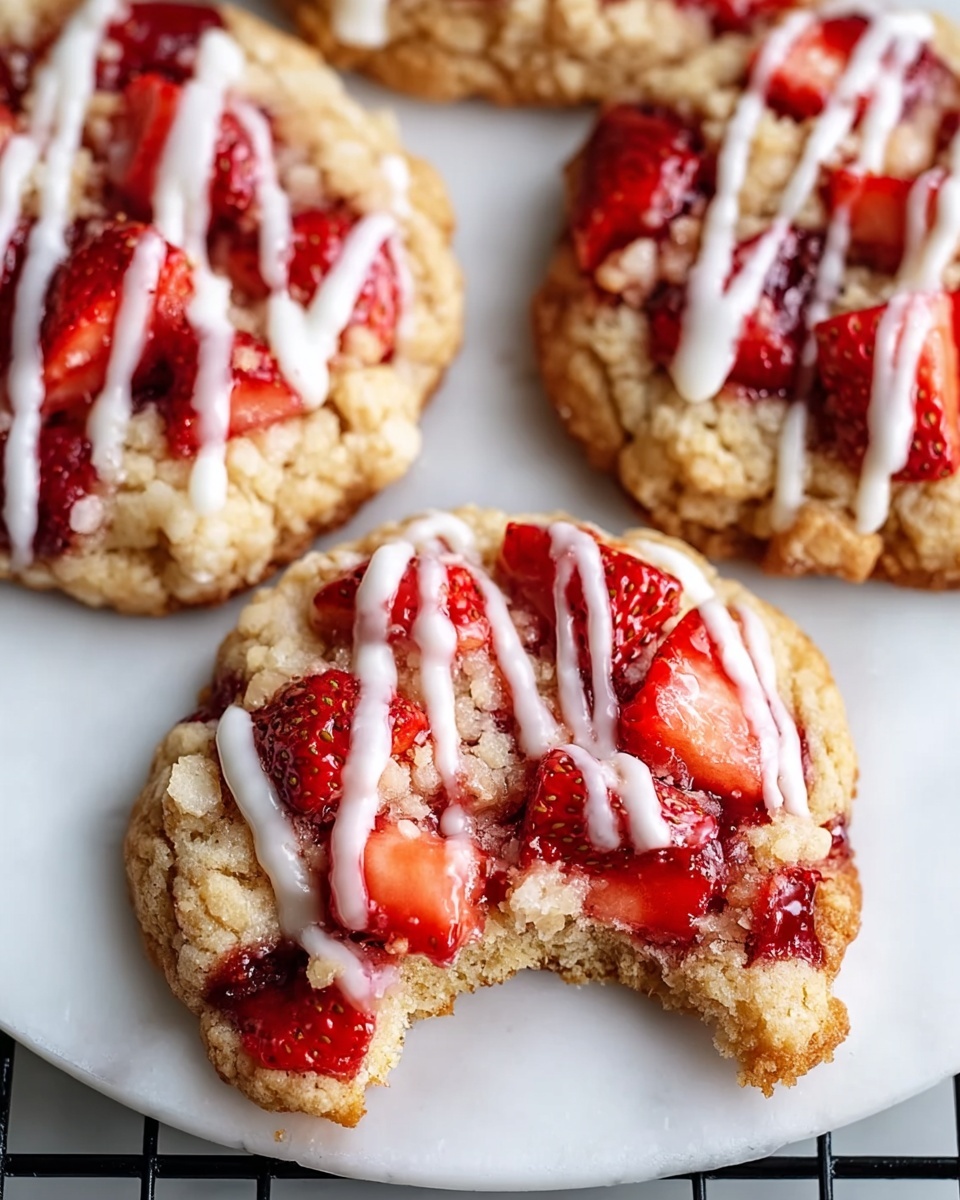 A large white oval ceramic serving tray filled with a generous assortment of freshly baked strawberry cookies, each cookie topped with vibrant red strawberry slices, a glossy strawberry glaze, and drizzled with smooth white icing, arranged neatly to display their golden crumbly texture and colorful fruit garnish; the scene is set on a white marble kitchen countertop, bathed in natural soft directional light that highlights the cookies' indulgent and mouth-watering appeal, styled as a luxurious and elegant gourmet treat perfect for a food magazine hero shot. REALISTIC STYLE IMAGE| TAGS: High-end food photography, clean composition, dramatic lighting, luxurious, elegant, mouth-watering, indulgent, gourmet | CAMERA: Nikon Z7 | FOCAL LENGTH: 50mm | SHOT TYPE: Close-up | COMPOSITION: 3/4 angle | LIGHTING: Soft directional light | PRODUCTION: Food Stylist | TIME: Daytime I LOCATION TYPE: Kitchen near windows --stylize 150 --ar 4:5