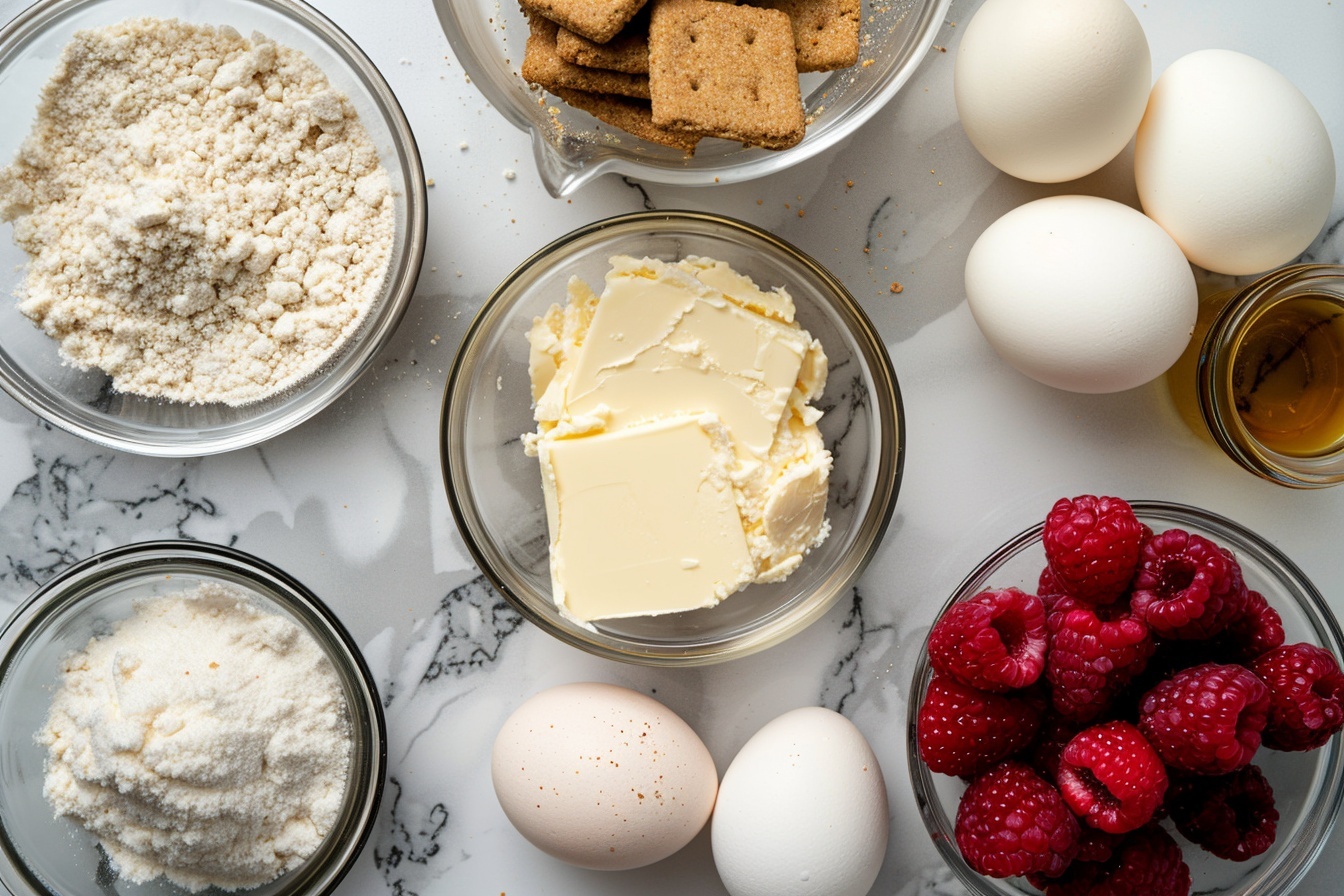 A single white plate presenting a thick slice of raspberry cheesecake with distinct layers: a crunchy golden graham cracker crust at the base, a smooth and creamy white cheesecake middle, topped with a vibrant red raspberry jelly layer studded with visible seeds, crowned by three plump, fresh raspberries. The slice reveals the luscious interior textures and subtle layering with a soft focus background on white marble, natural daylight softly illuminating the elegant dessert to emphasize its rich, inviting detail, styled as a gourmet, mouth-watering treat ready to be enjoyed. REALISTIC STYLE IMAGE| TAGS: High-end food photography, clean composition, dramatic lighting, luxurious, elegant, mouth-watering, indulgent, gourmet | CAMERA: Nikon Z7 | FOCAL LENGTH: 50mm | SHOT TYPE: Close-up | COMPOSITION: 3/4 angle | LIGHTING: Soft directional light | PRODUCTION: Food Stylist | TIME: Daytime I LOCATION TYPE: Kitchen near windows --stylize 150  --ar 4:5